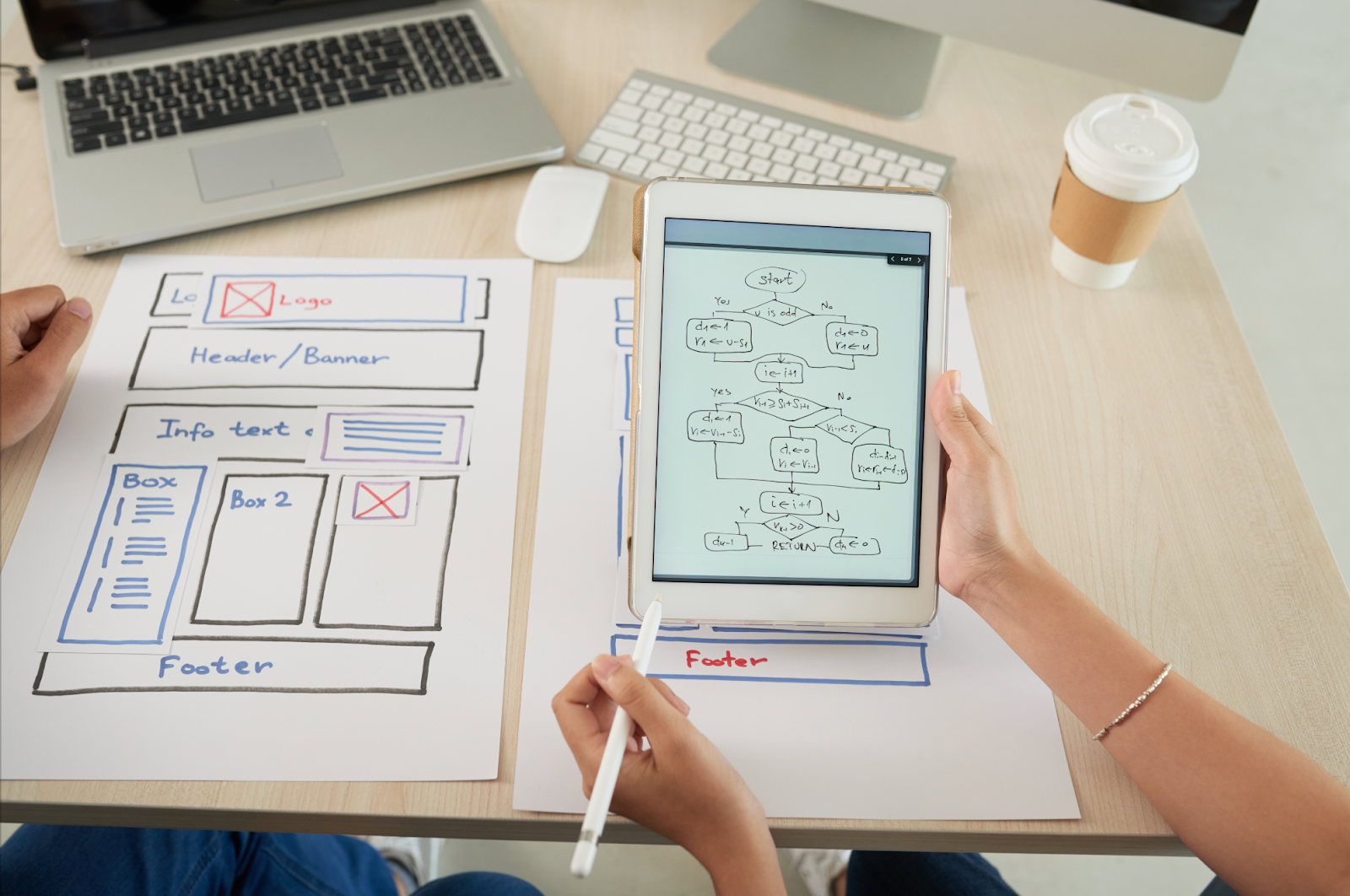 UX wireframes displayed on tablet and on paper