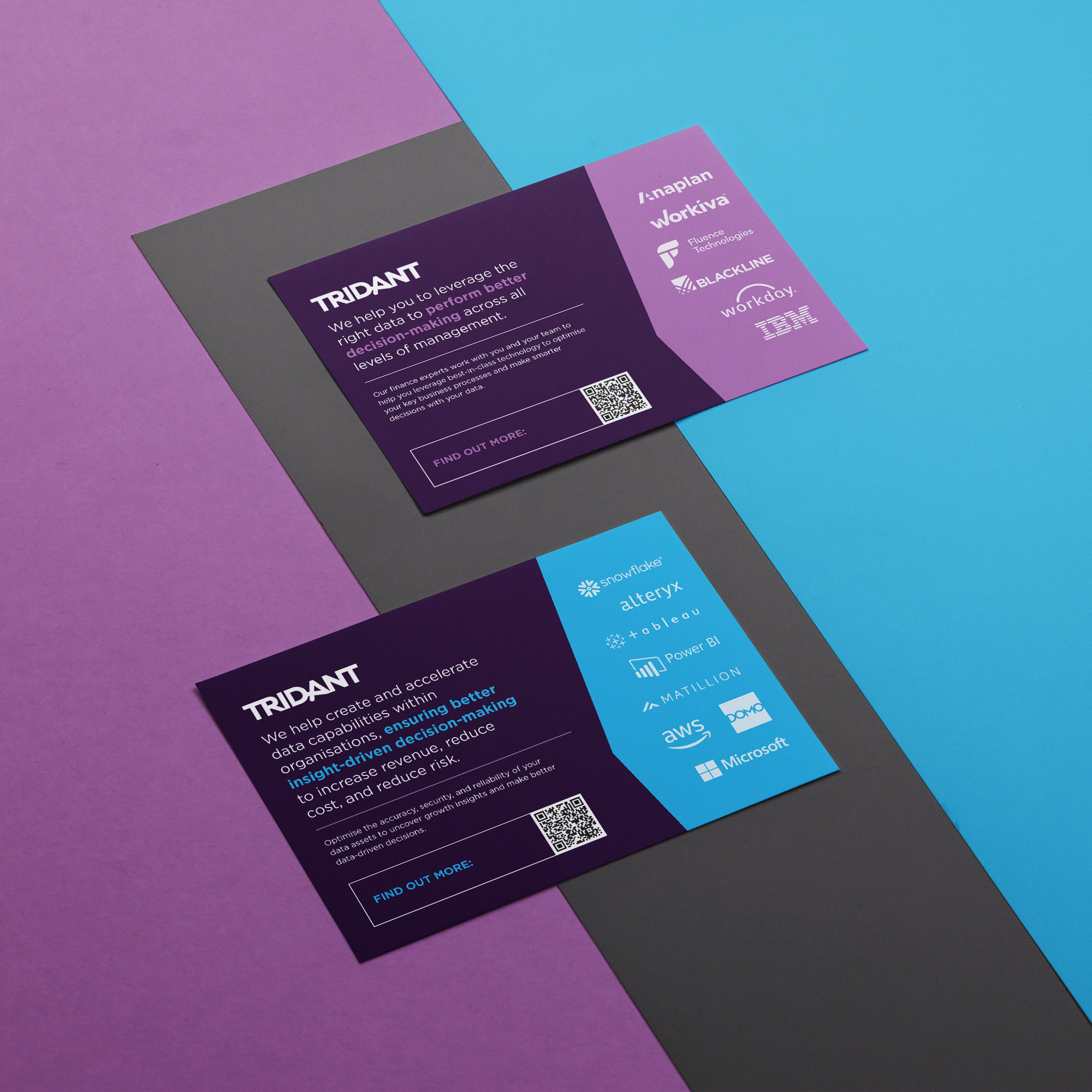 Two Tridant flyers displayed on a purple, grey and blue background, highlighting their data solutions and partnerships with companies such as Amazon, Workiva, and Microsoft.