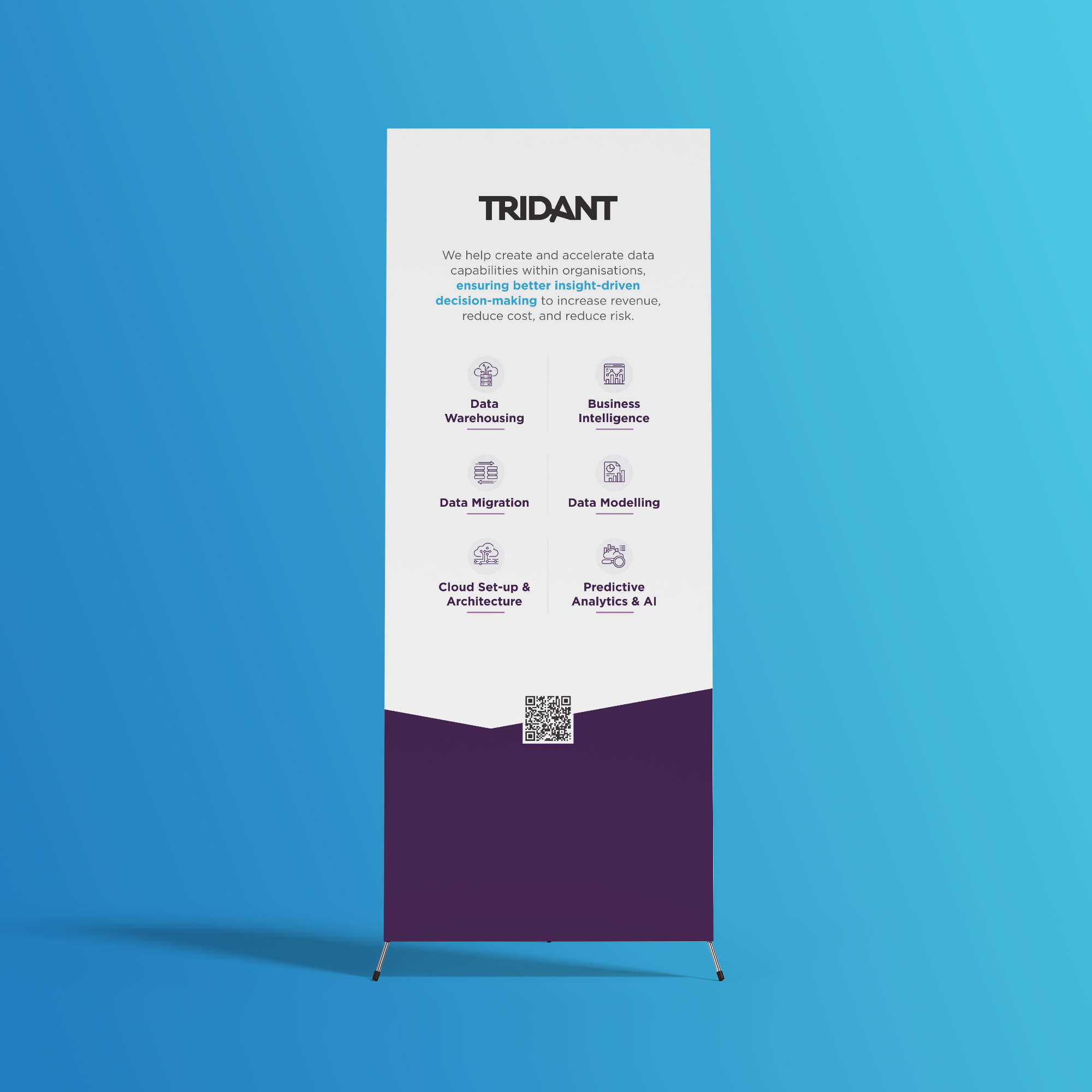 Colour mockup of a Tridant 'Data Analytics' promotional pull-up banner, displayed against a sky blue background.