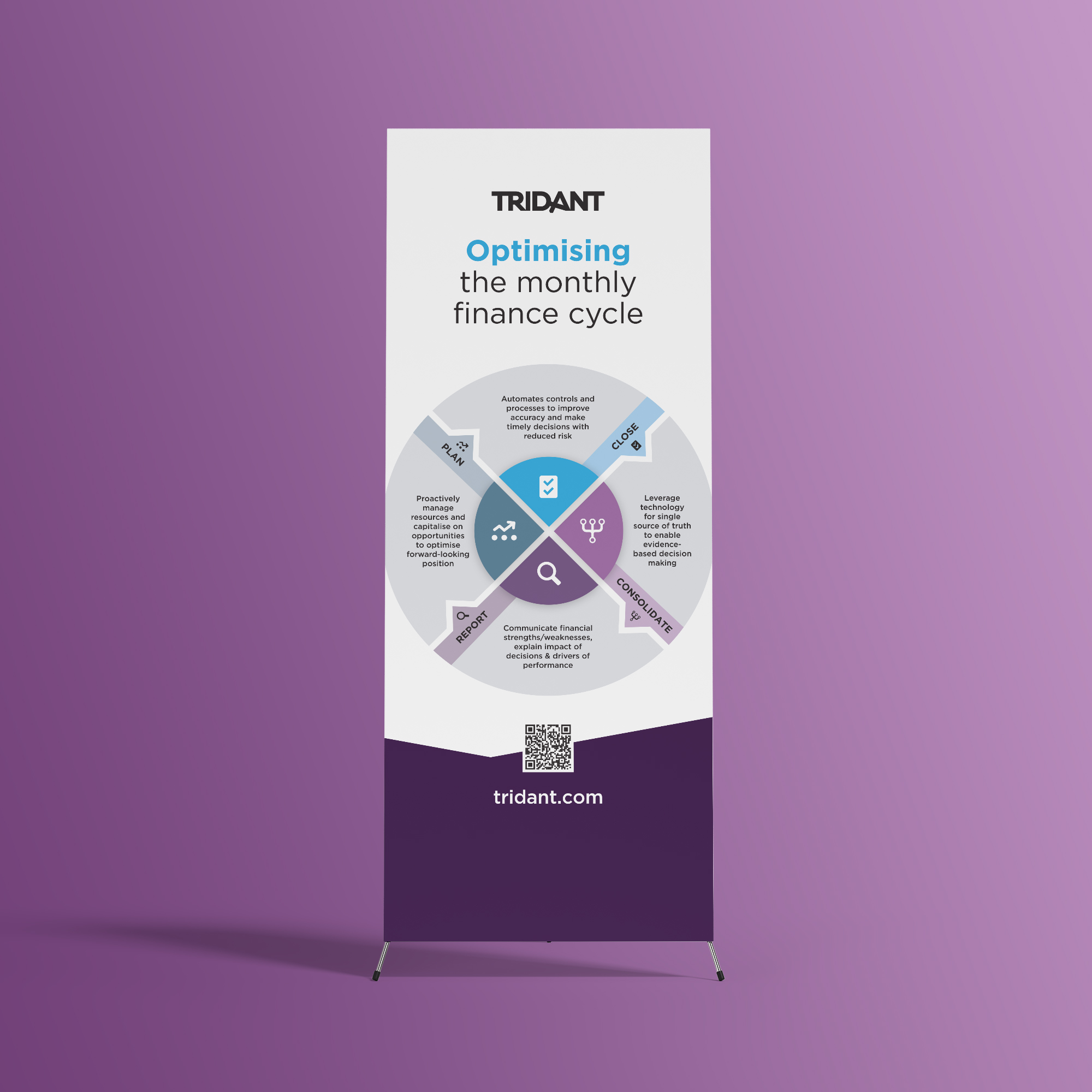 Colour mockup of a Tridant 'Finance' promotional pull-up banner, displayed against a purple background.