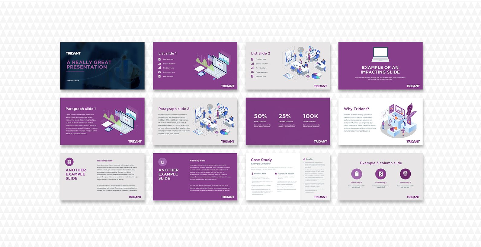 Tridant presentation slides template featuring a variety of layouts including lists, paragraphs, case studies, and infographic elements with a purple and white colour scheme.