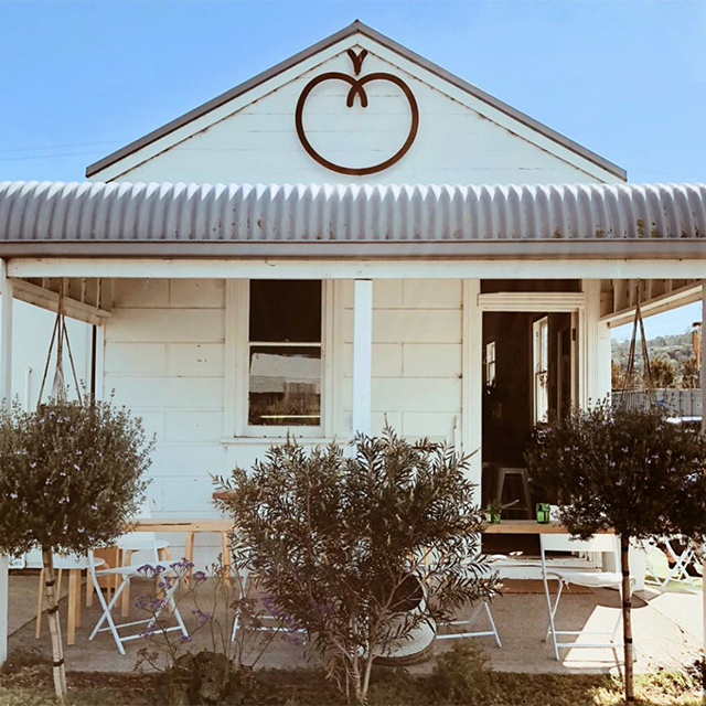 Real photograph showing front of Conscious Cravings Co's cafe with apple logo mark painted on the roof. Cafe is white brick converted house with a tin roof, logo mark is painted brown.