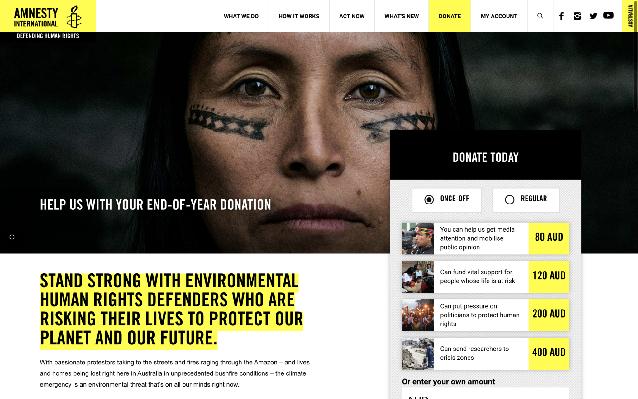 Image of Amnesty International Australia Donate page - header section