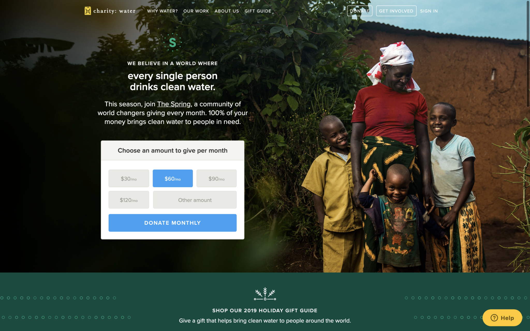 Image of hero section - Charity: water homepage