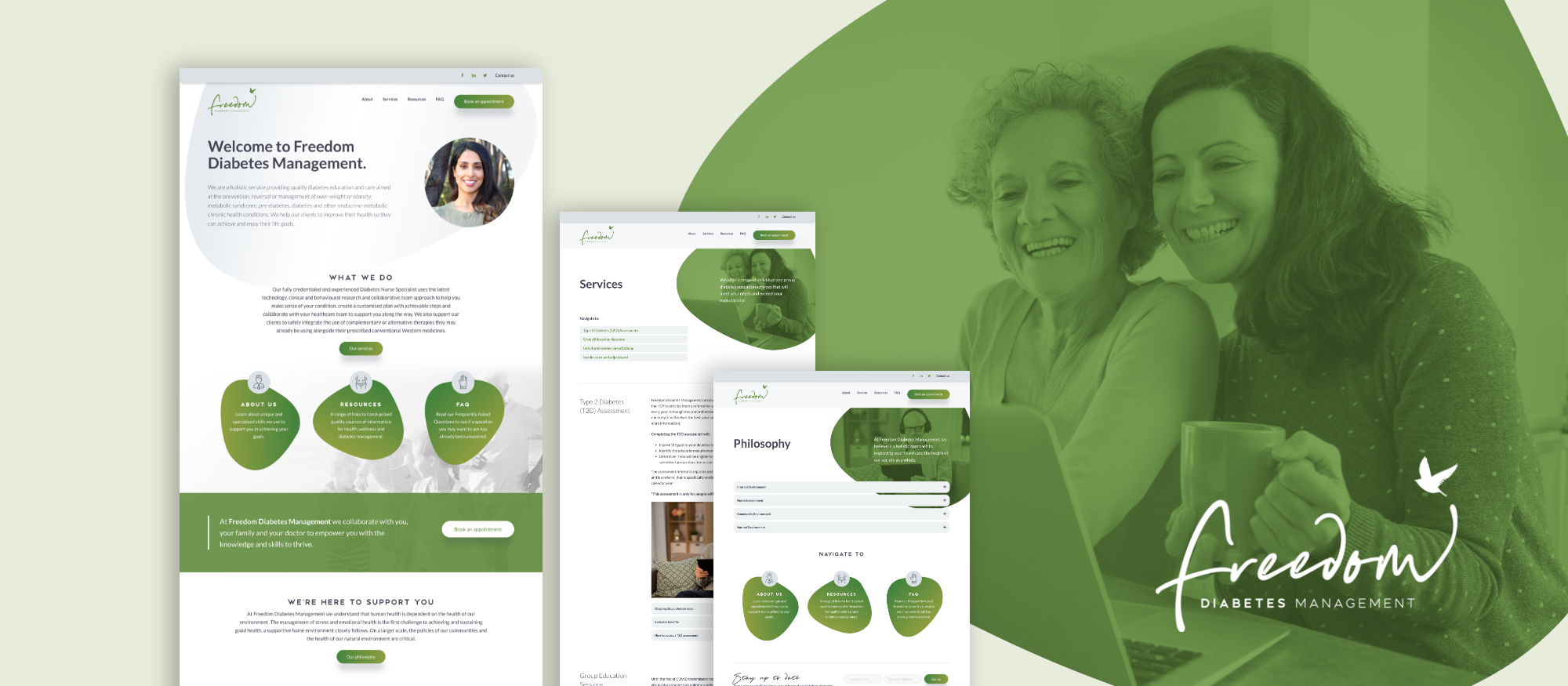 Full colour mockup of the Freedom Diabetes Management website Home, Philosophy, and Services pages, with an overlay of a smiling woman and elderly person looking at a laptop screen, displayed on a light green background.