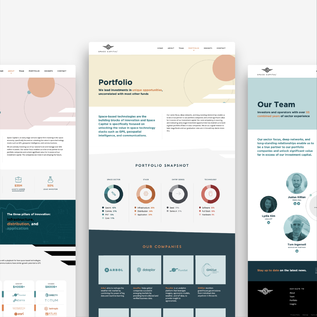 Space Capital web page mockup featuring About, Portfolio and Our Team pages