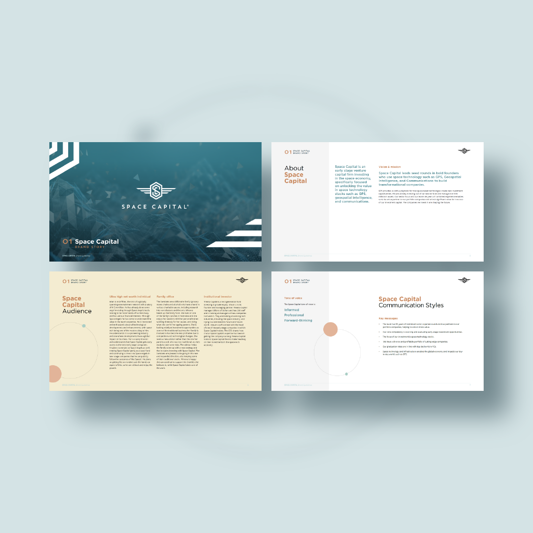 Space Capital Brand Guidelines mockup featuring 4 pages from the Space Capital section (parent brand)