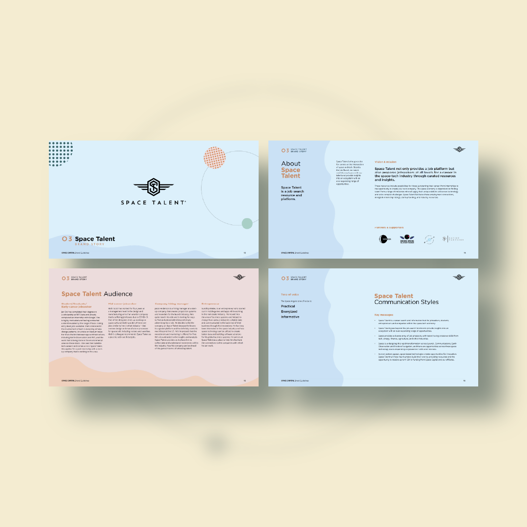 Space Capital Brand Guidelines mockup featuring 4 pages from the Space Talent section (sub brand)
