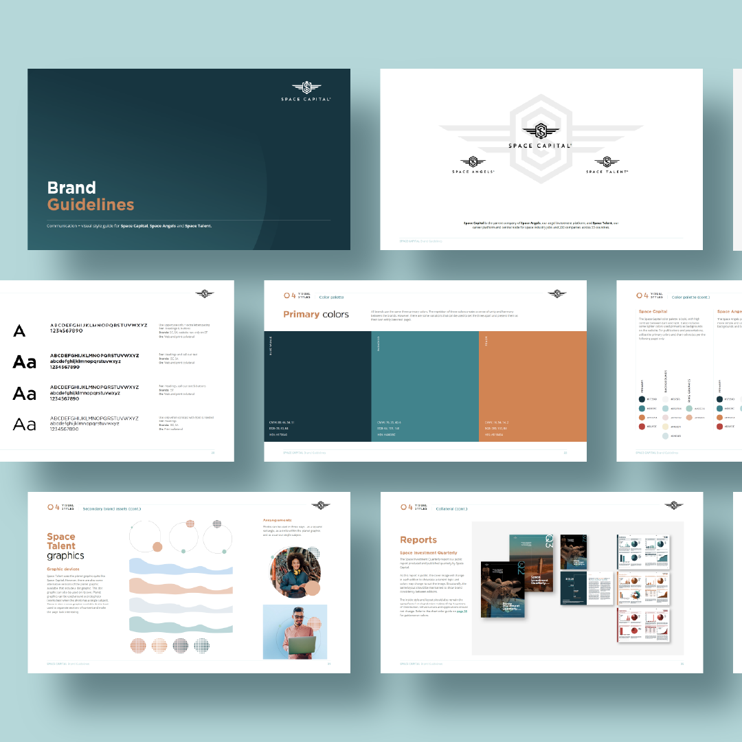 Space Capital Brand Guidelines mockup featuring various pages from the document