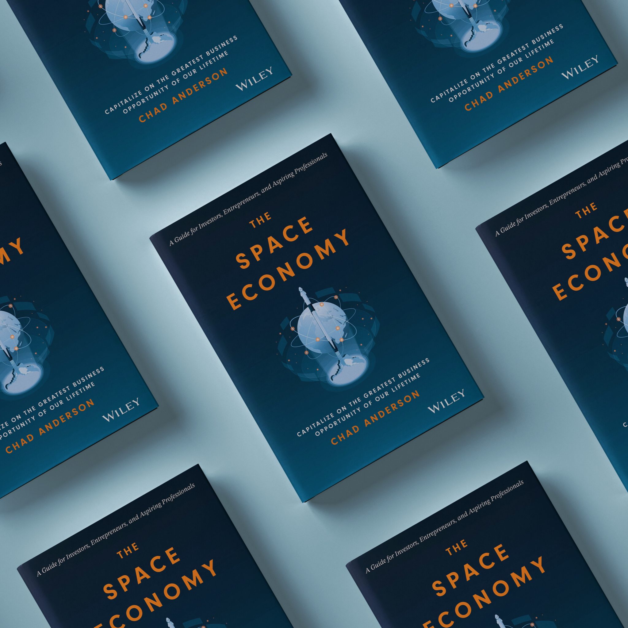 Pattern of The Space Economy book covers repeated on a light blue background.