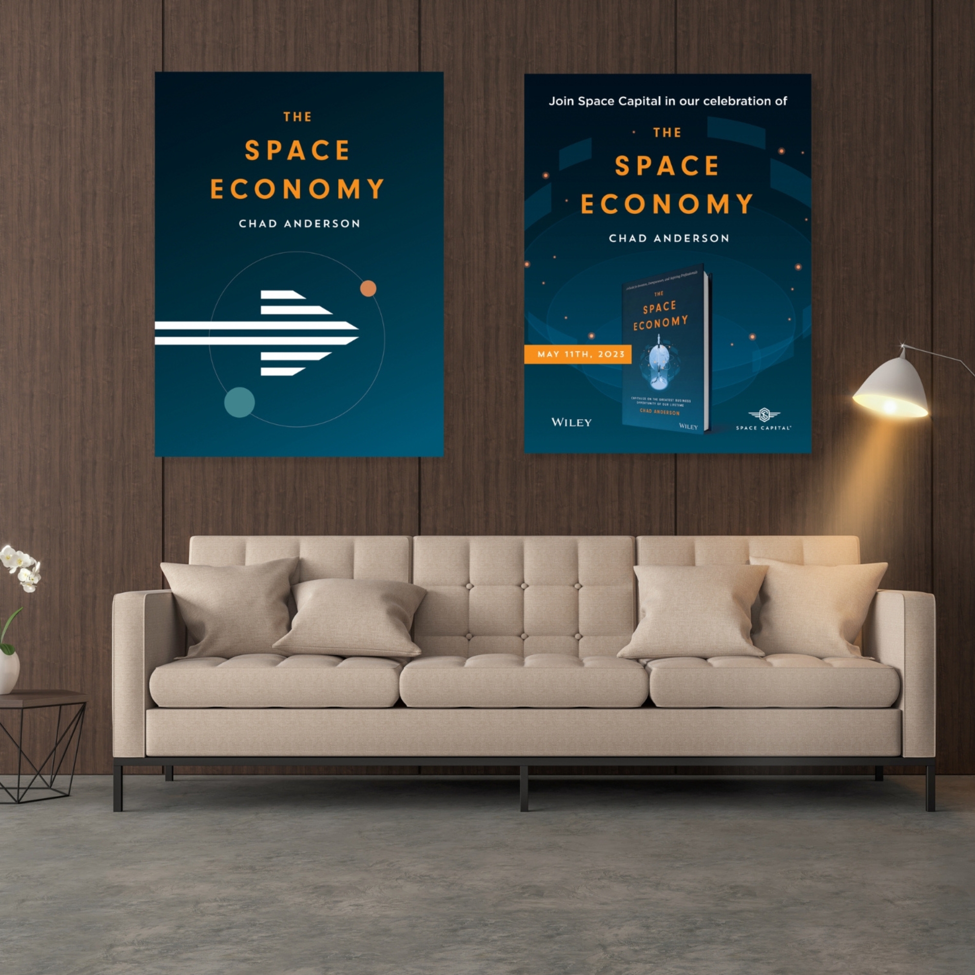 Mockup of two event posters for The Space Economy book launch