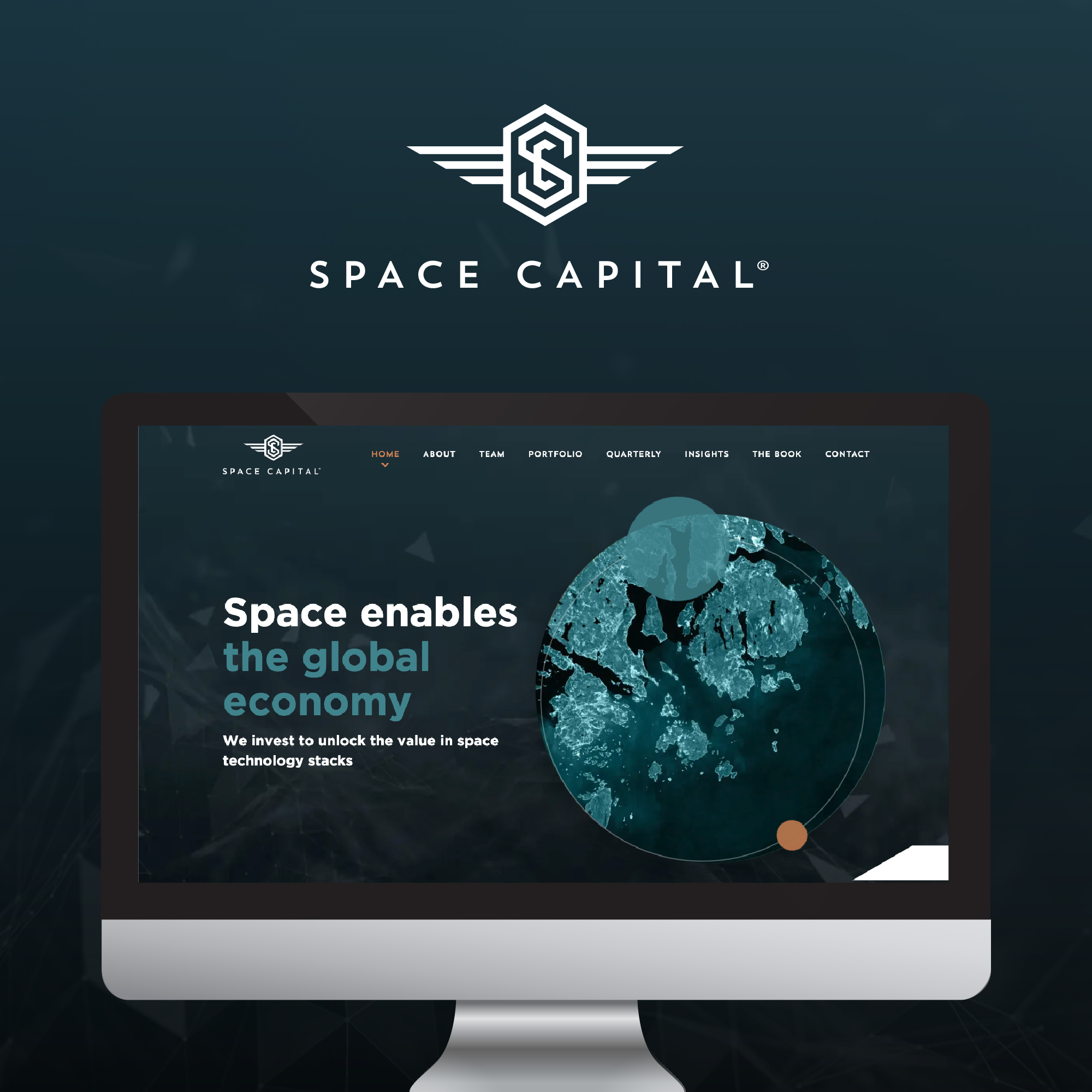 Space Capital's new home page - mockup of home page hero section is shown inside a desktop screen on a dark blue background with Space Capital's logo in white above the screen. The logo has the letter S and C inside wings, representing a rocket with wings.