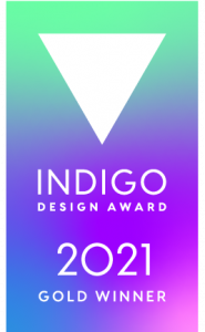 Indigo Design Award 2021 Gold Winner badge featuring white text on a small award badge with a gradient background of lime green, purple, blue, and pink.