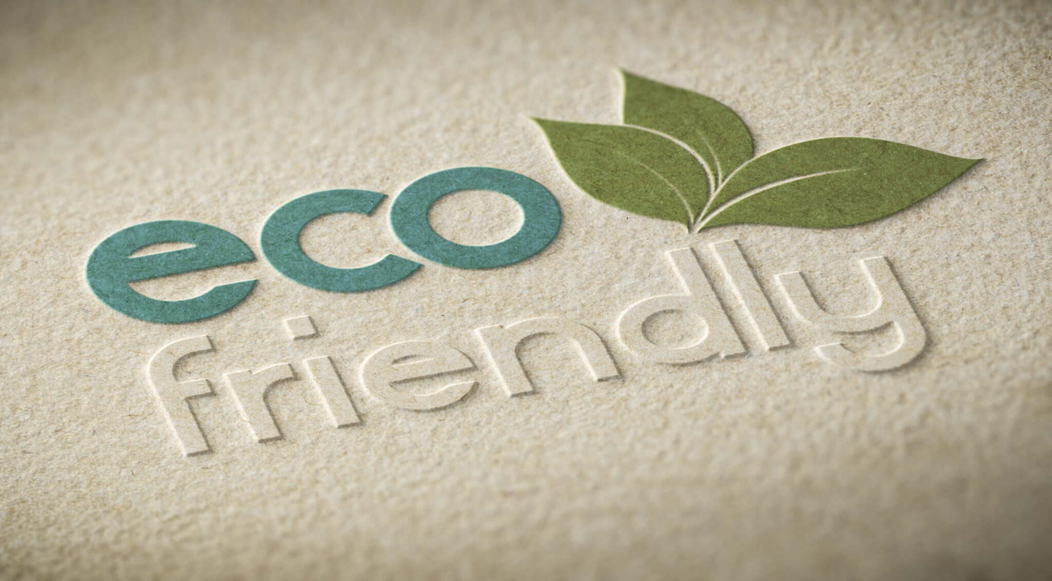 3D illustration of an eco friendly label embossed on a paper texture with blur effect. 