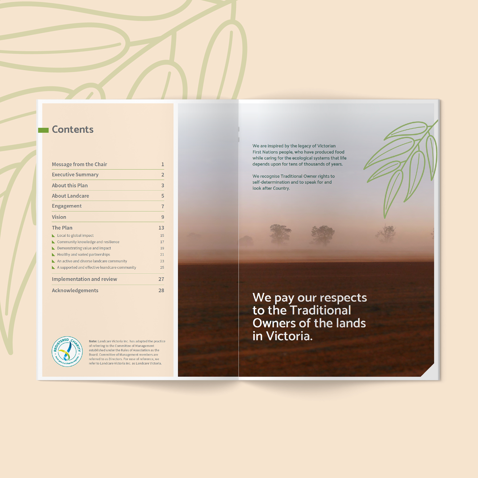 Full colour mockup of the Landcare Plan for Victoria 2023-2033 'Contents' spread on a beige background with a gum leaf pattern. Spread features the contents of the Plan document.