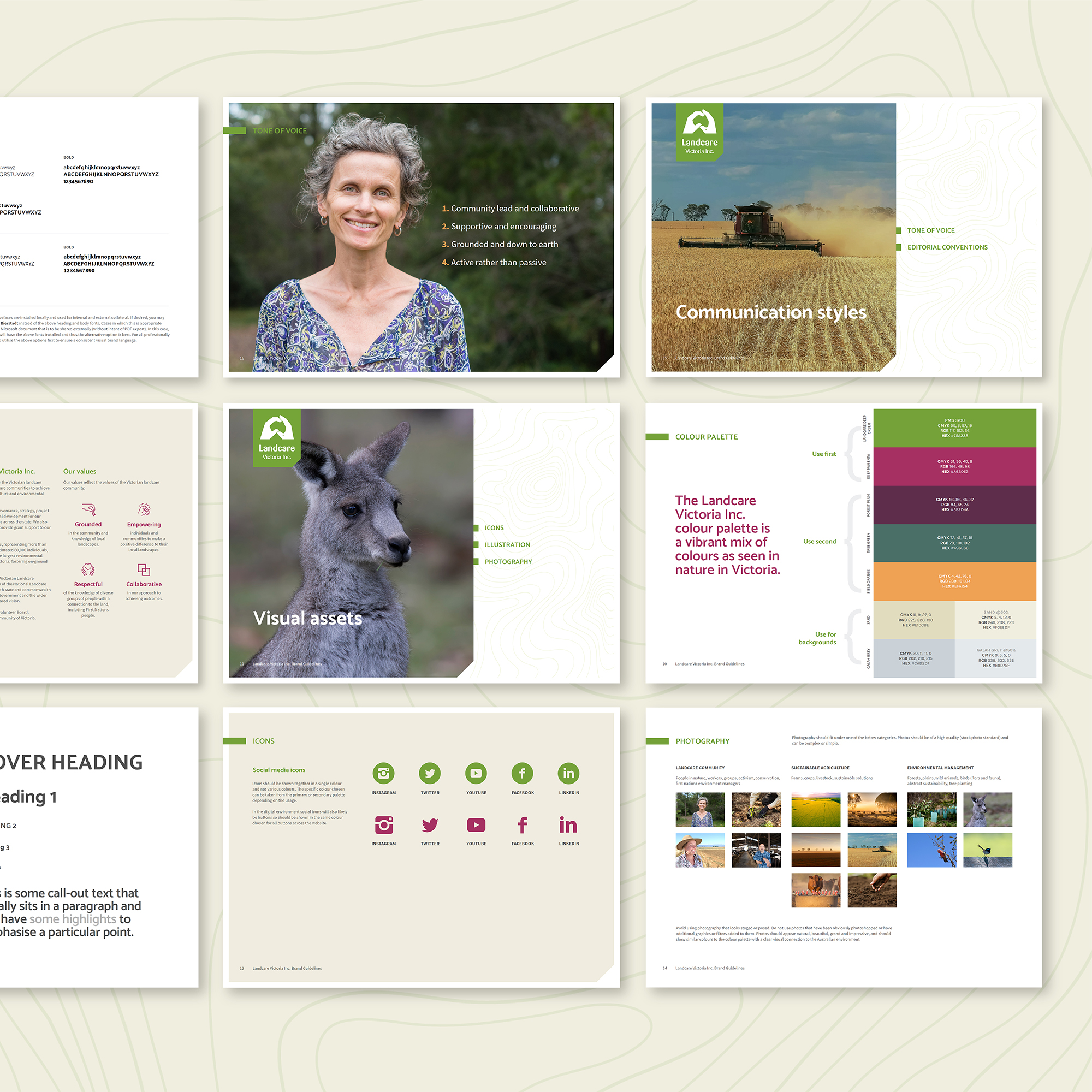 Mockup of various pages from Landcare Victoria's brand guidelines document in full colour (tile 2)