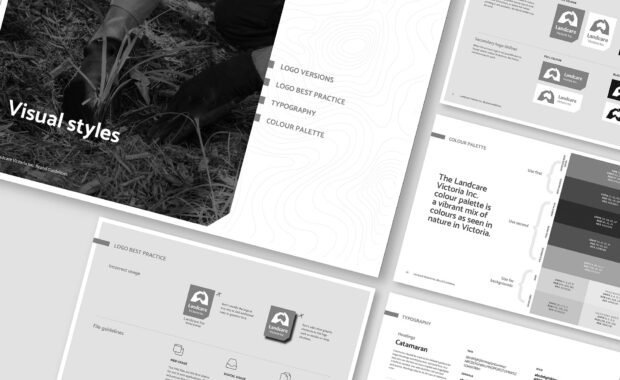 Landcare Victoria featured image - mockup of various pages from the brand guidelines in greyscale