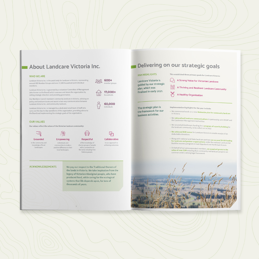 Landcare Victoria 2022 Annual Report - About us spread mockup in full colour