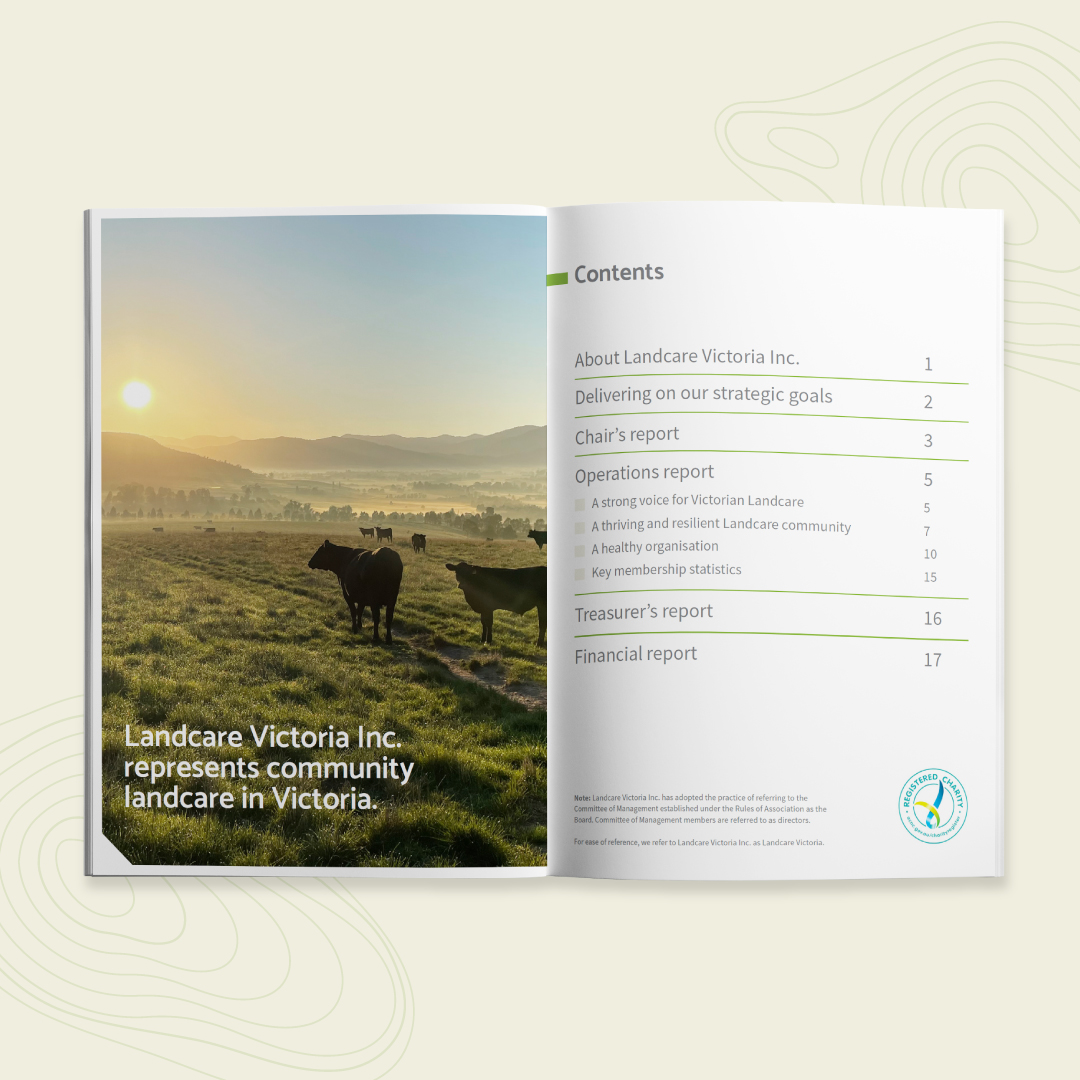 Landcare Victoria 2022 Annual Report - Contents spread mockup in full colour