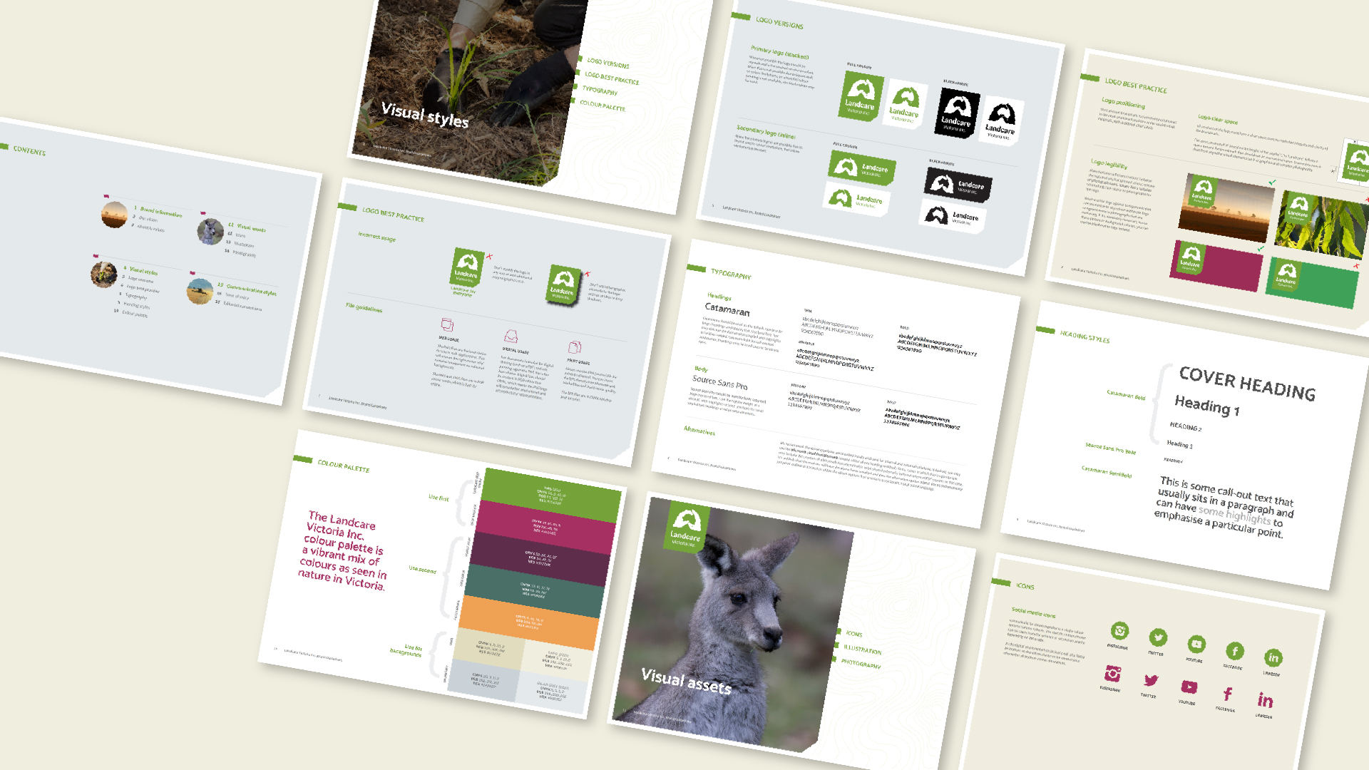 Mockup of Landcare Victoria Brand Guidelines pages showing logo design, typography, colour palette, and visual identity layout on a cream background.