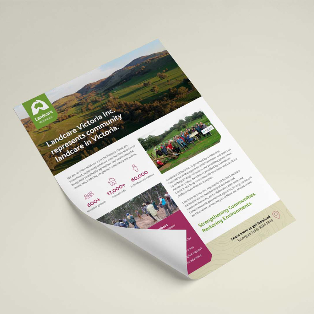 Mockup of Landcare Victoria's A4 'About us' flyer in full colour