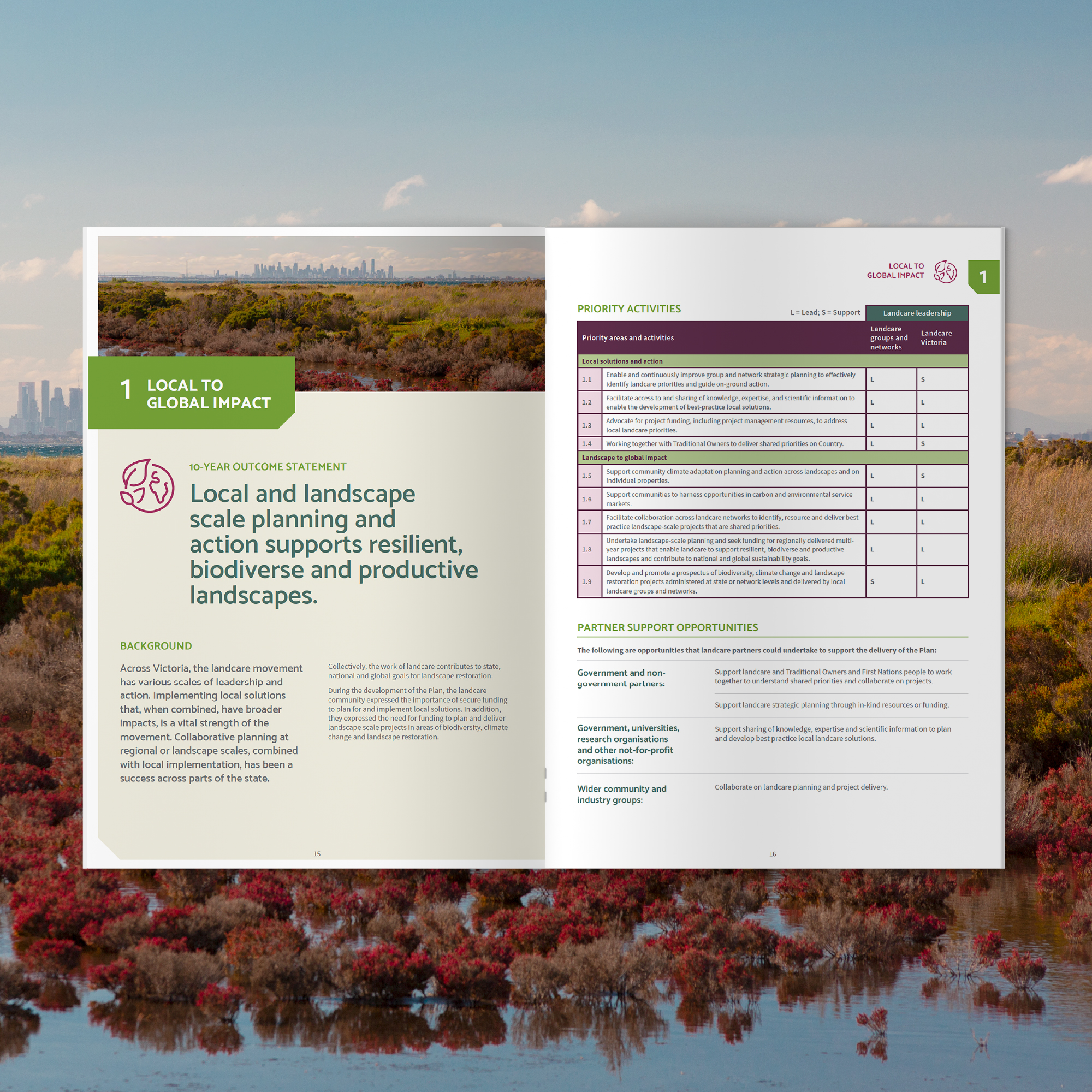 Full colour mockup of the Landcare Plan for Victoria 2023-2033 'Item 1' spread titled 'Local to Global Impact'. Melbourne cityscape is featured in an image on the spread, along with relevant text relating to the first strategic plan point.
