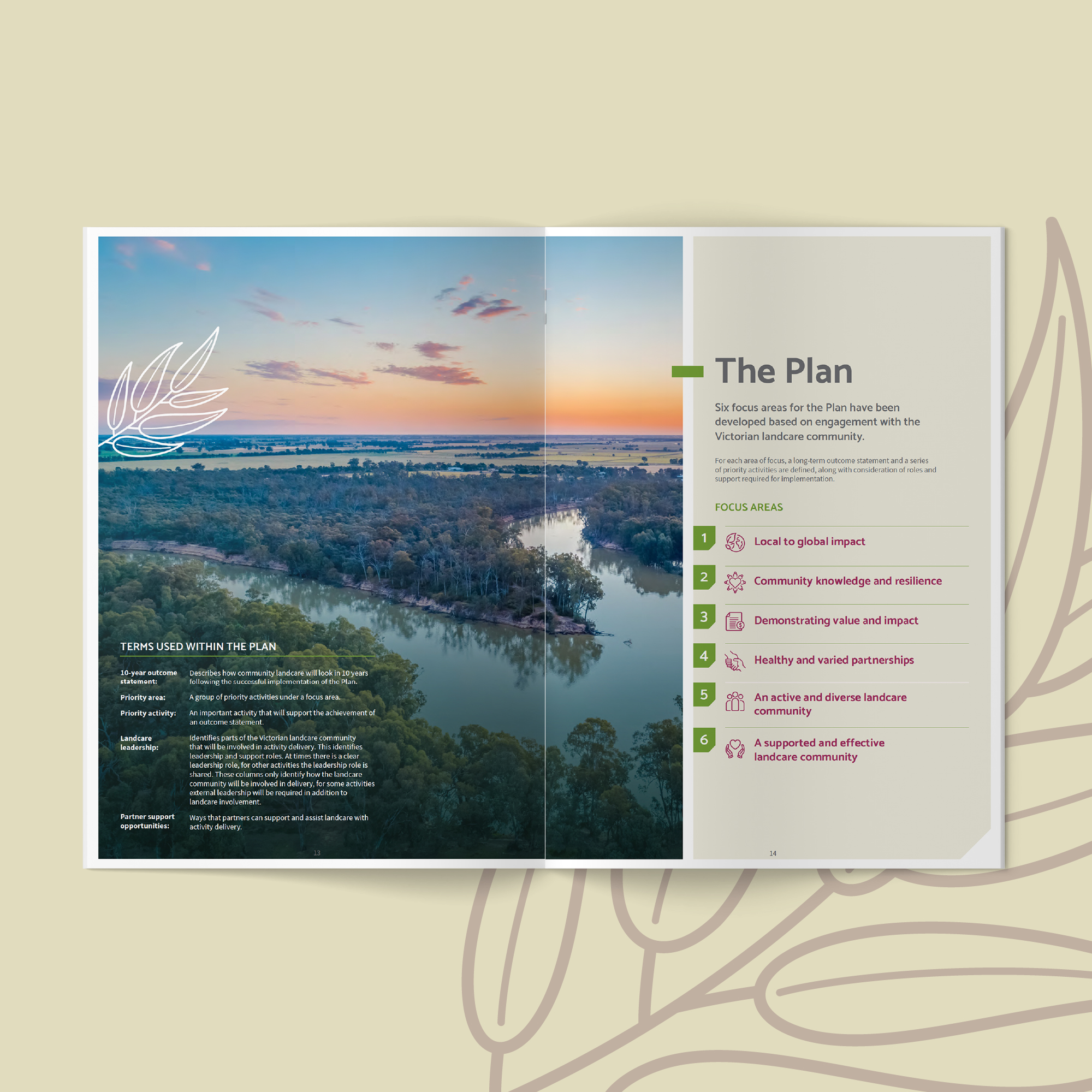 Full colour mockup of the Landcare Plan for Victoria 2023-2033 'Plan' spread on a cream background with a gum leaf pattern. Spread shows a beautiful image of the Murray River and the title text for the 6 strategic plan points.