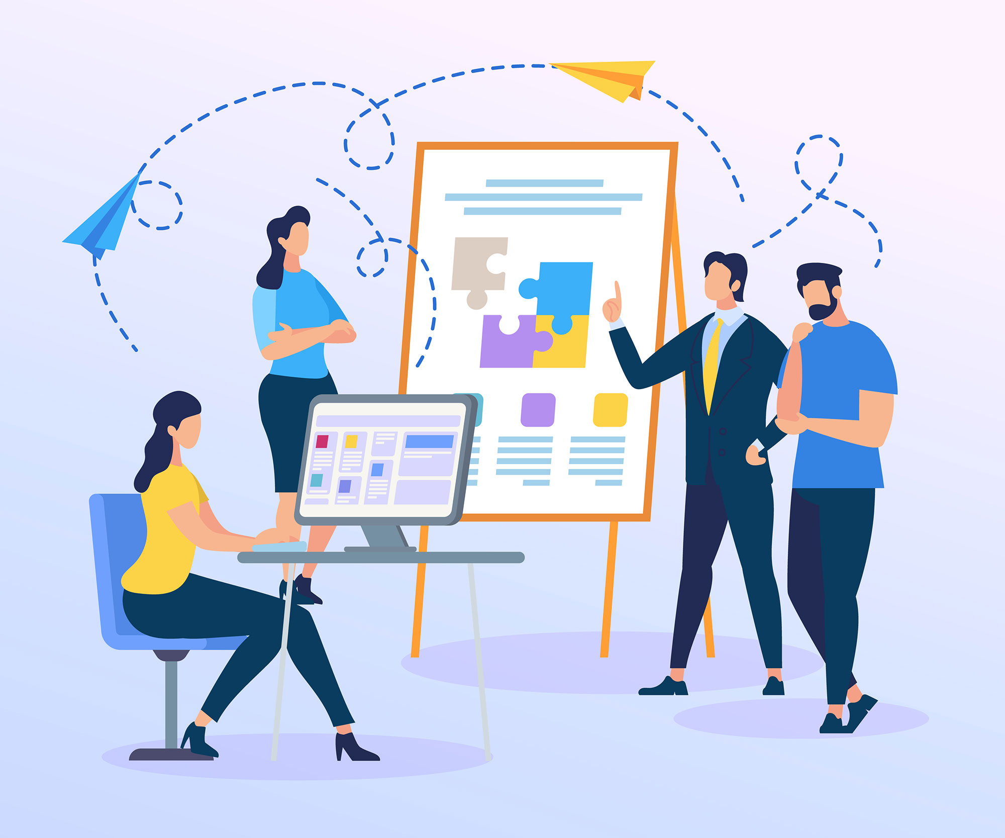 Business Trainer Presentation of Colorful Puzzle Pieces on Flip Board. People Work on Team Building. Creation of Successful Project. Men and Women Characters Working Together. Flat Vector Illustration