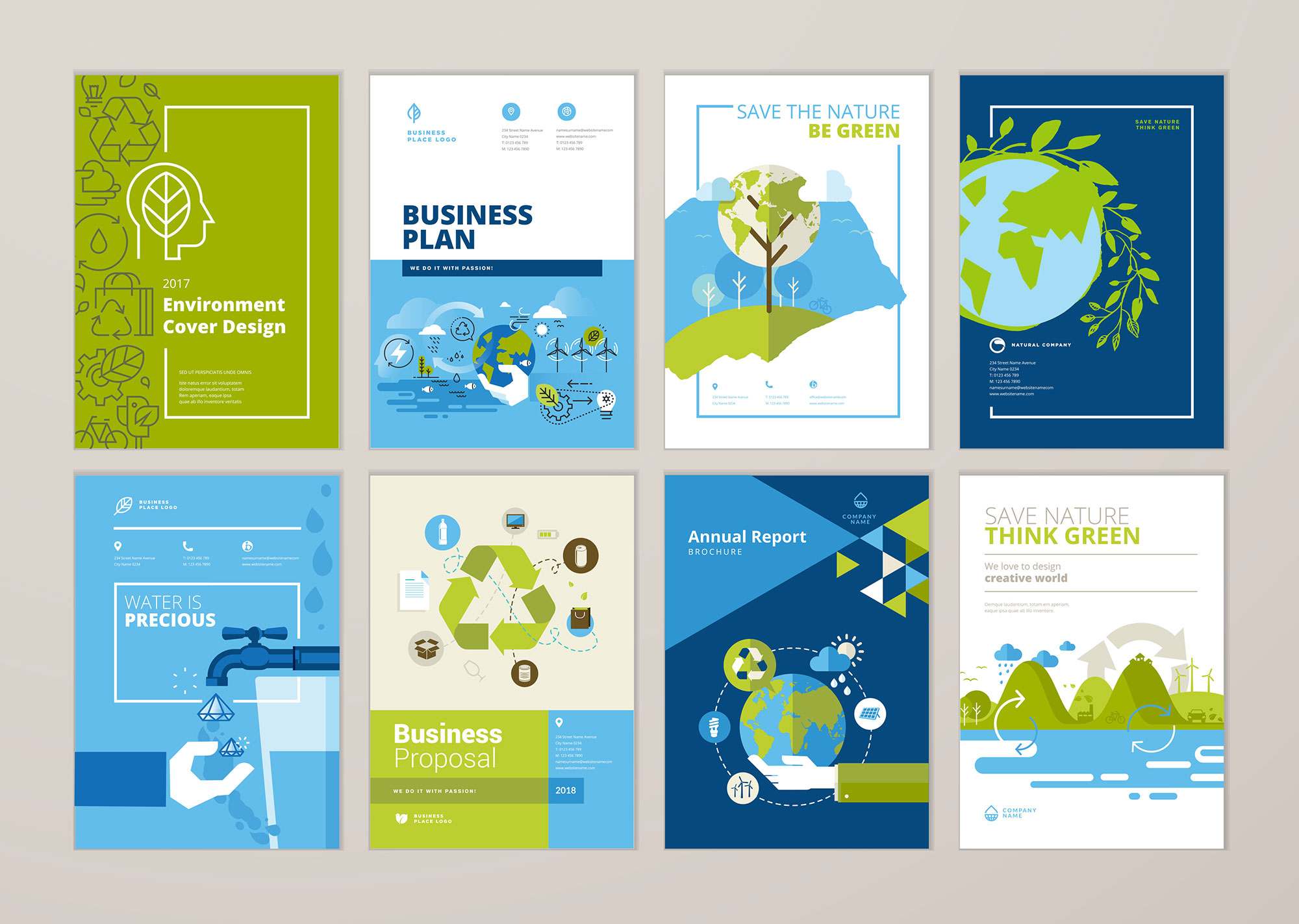 Set of brochure and annual report cover design templates of nature, green technology, renewable energy, sustainable development, environment stock illustration.