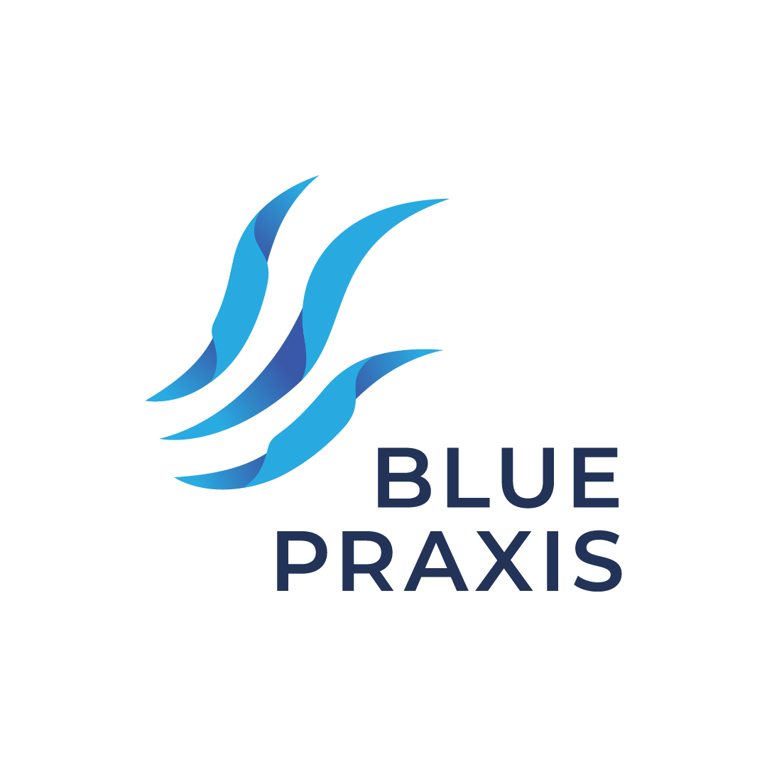 Blue Praxis stacked logo in full colour
