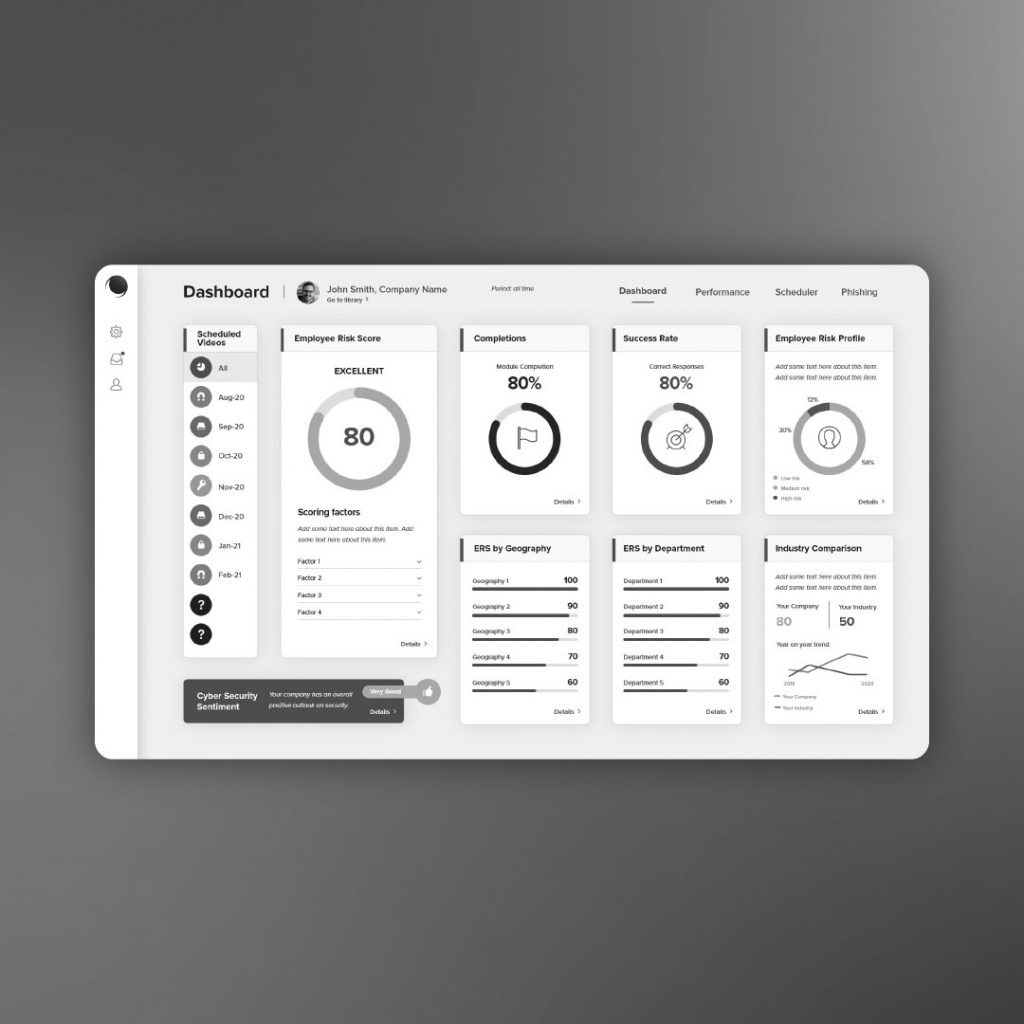 Cyber Eclipse platform dashboard Home screen mockup - greyscale