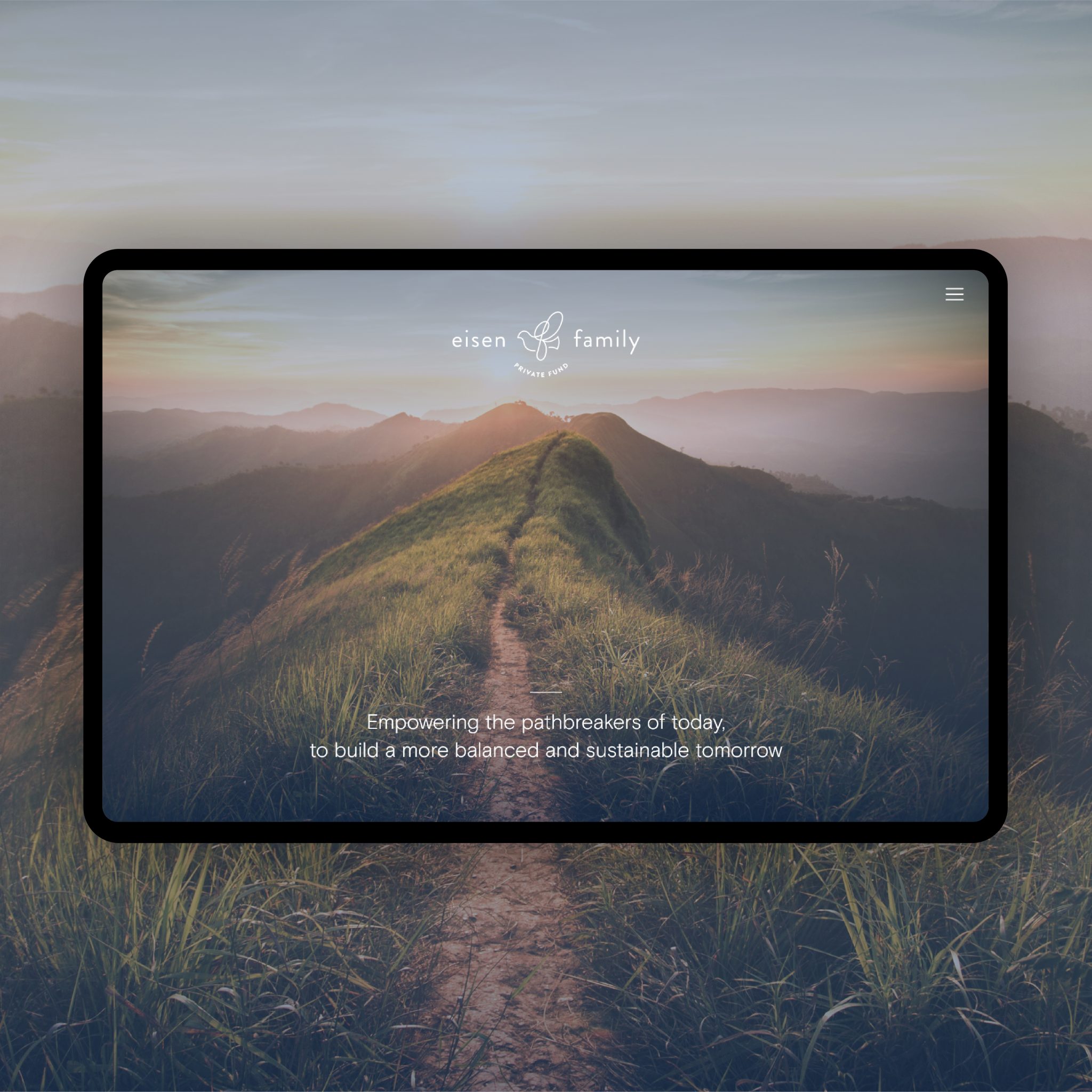 Eisen Family Private Fund website homepage mockup shown on desktop screen - white logo and tagline on a beautiful mountain landscape image