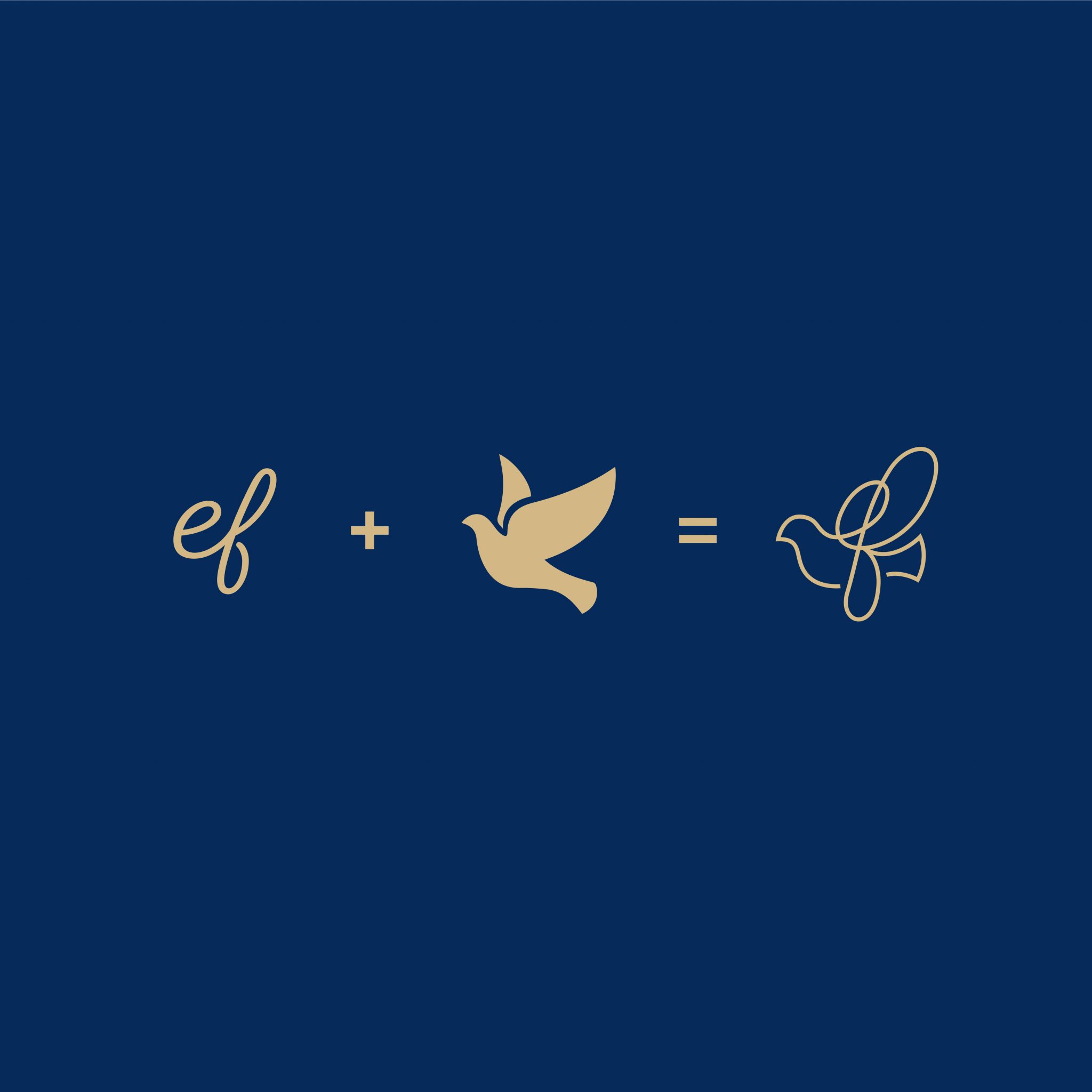 Eisen Family Private Fund logo development showing the letters 'ef' + a flying bird graphic together to make the logo mark - gold on navy blue background
