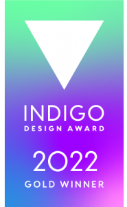 Indigo Design Award 2022 Gold Winner badge featuring white text on a small award badge with a gradient background of lime green, purple, blue, and pink.