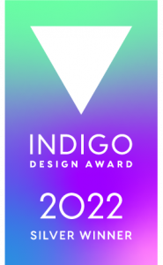 Indigo Design Award 2022 Silver Winner badge featuring white text on a small award badge with a gradient background of lime green, purple, blue, and pink.