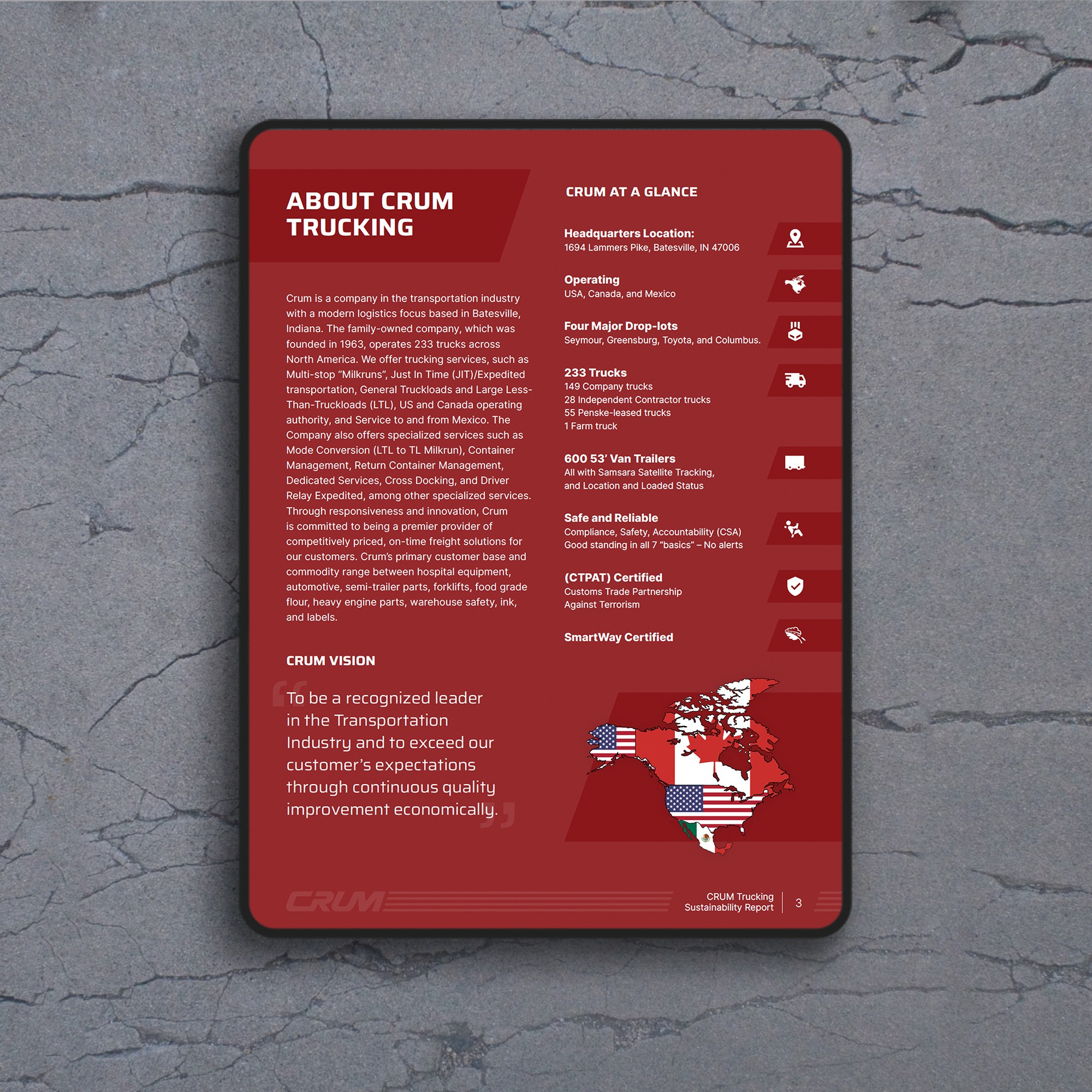 About CRUM Trucking page from the 2023 Sustainability Report, highlighting company mission and logistics services, by Ethical Design Co.