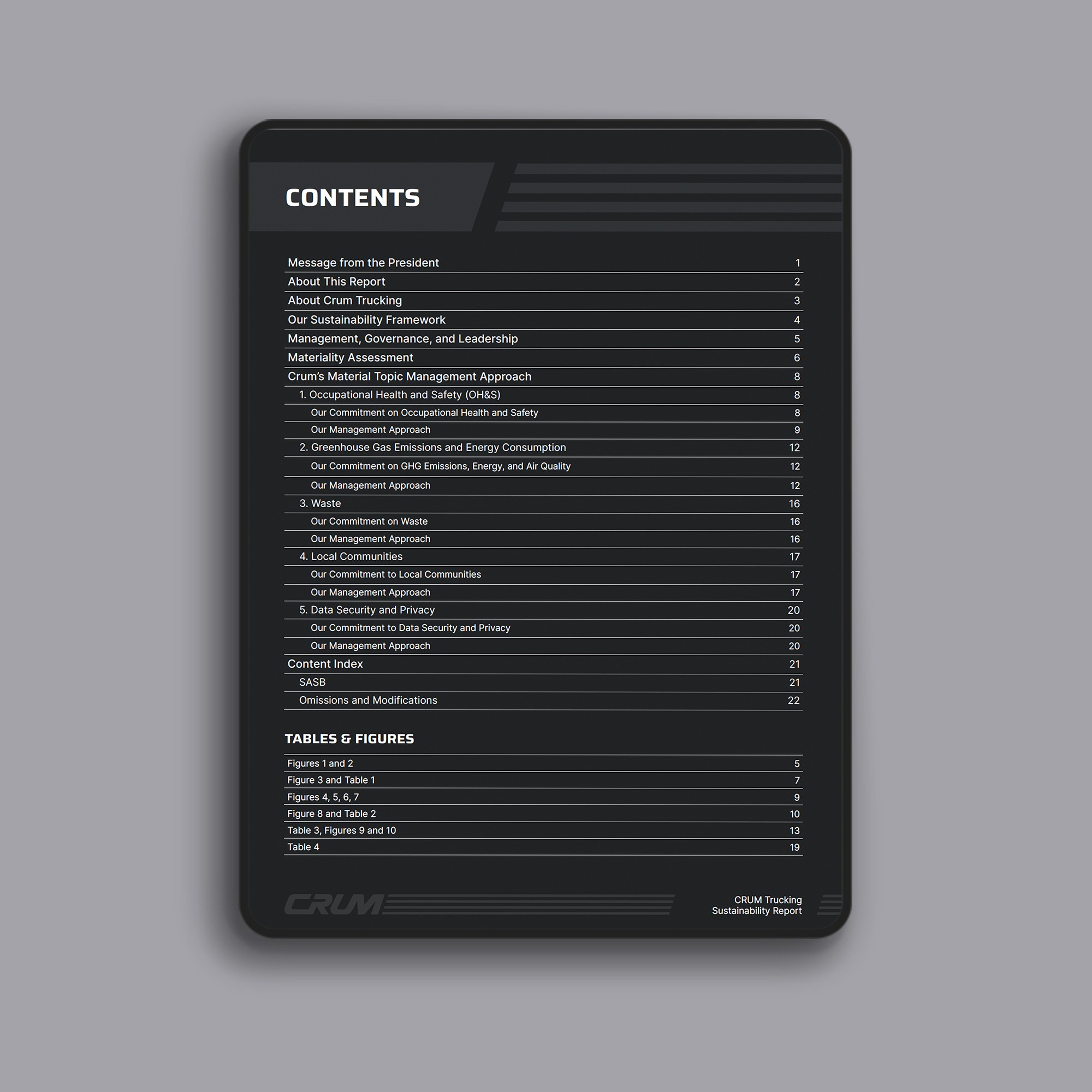 Contents page of CRUM Trucking Sustainability Report 2023, outlining ESG topics, designed by Ethical Design Co.