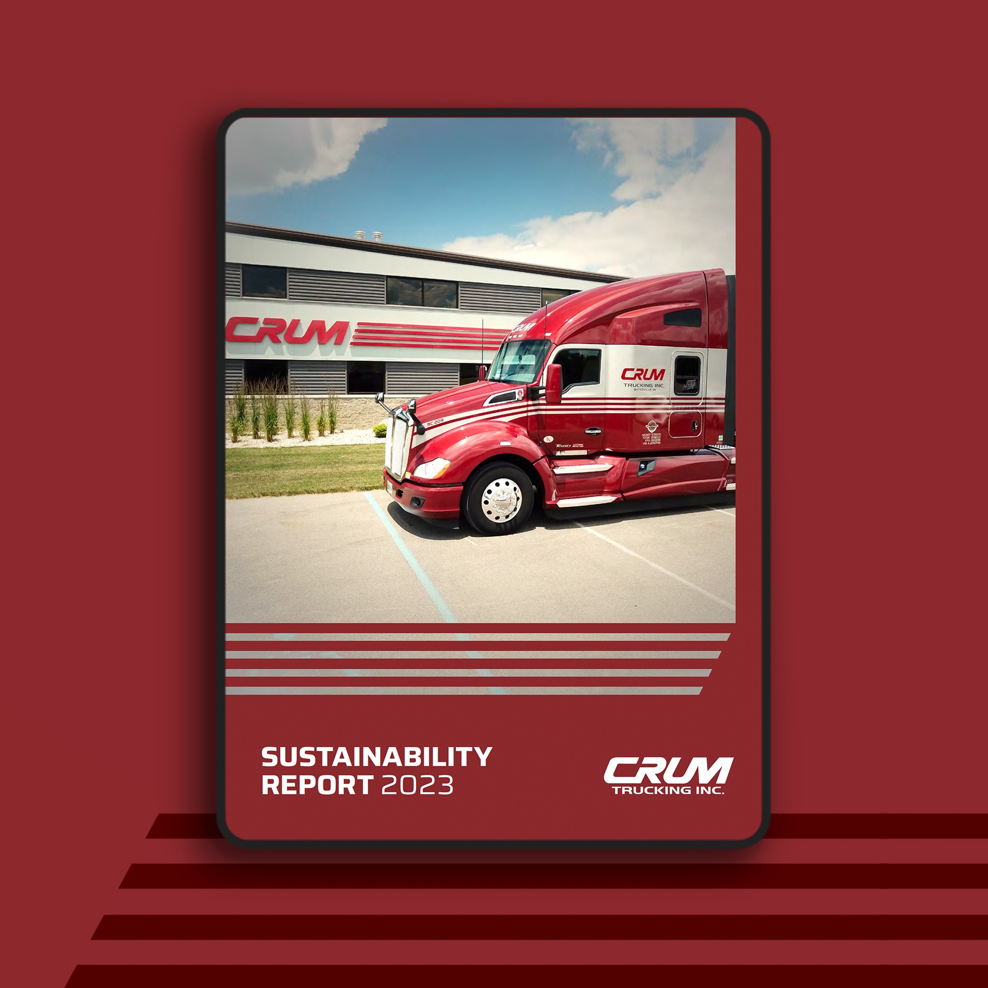 CRUM Trucking Sustainability Report 2023 cover design by Ethical Design Co., featuring a red truck and company headquarters.