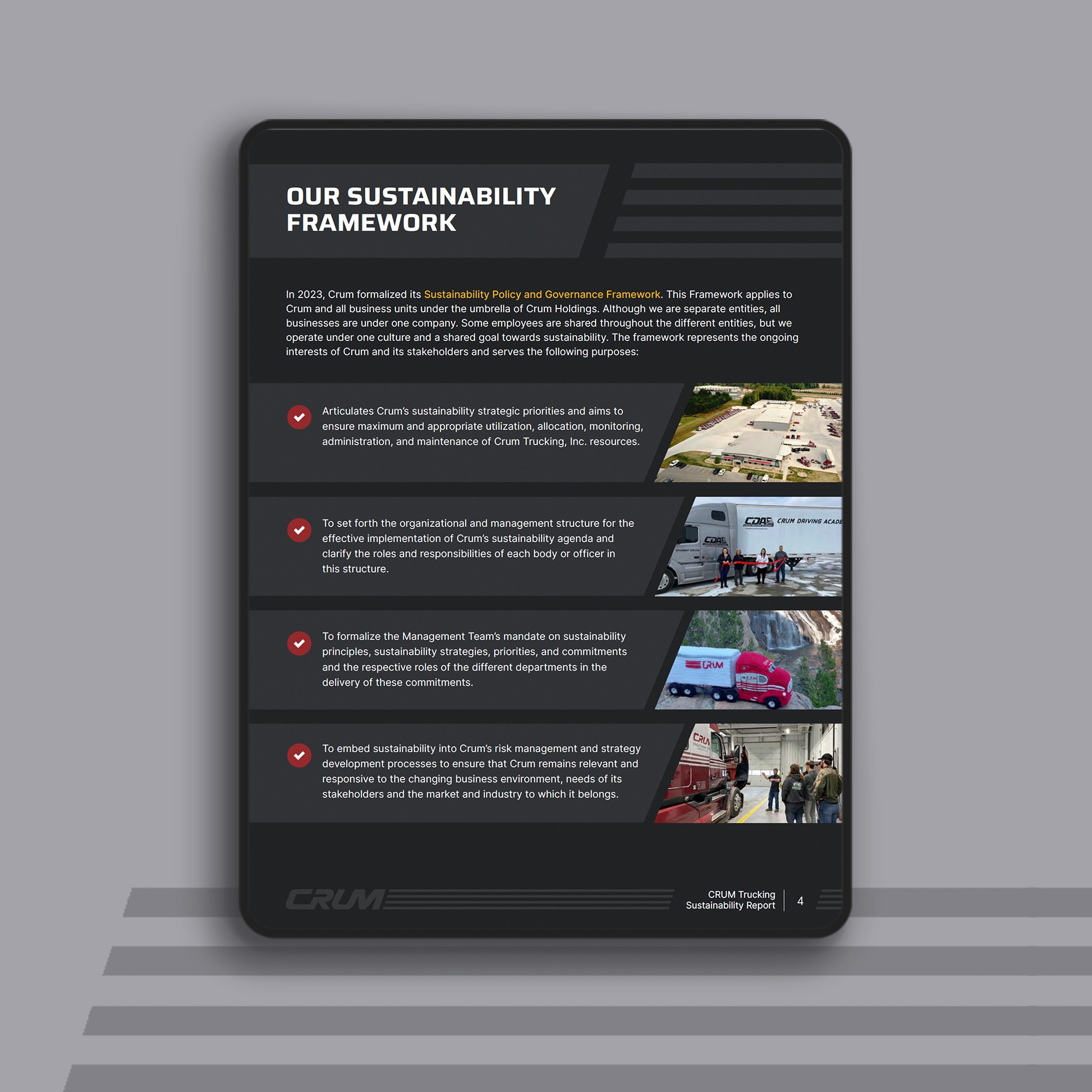 Our Sustainability Framework page in CRUM Trucking's 2023 Sustainability Report, outlining sustainability priorities and strategies, designed by Ethical Design Co.