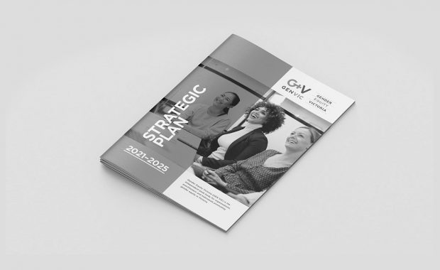 Mock up of GEN VIC's 2021-2025 Strategic Plan report cover in greyscale