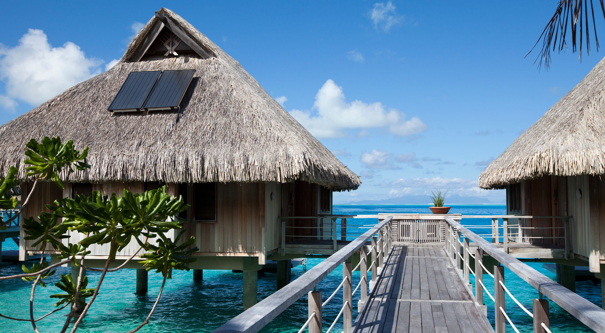 Eco-friendly sustainable bungalows with traditional thatched roofs built over the water in Polynesia, Tahiti