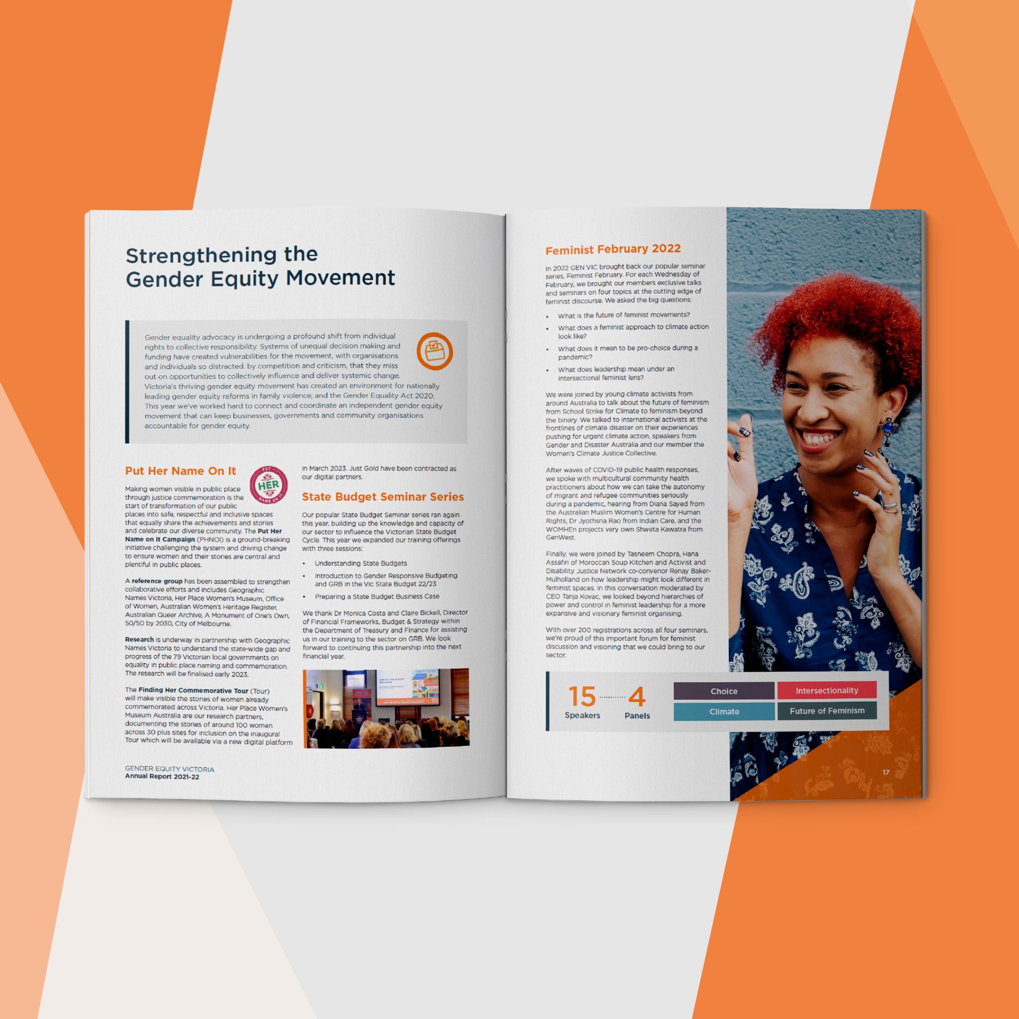 Gender Equity Victoria's 2022 Annual Report - 'Strengthening the Gender Equity Movement' spread mockup