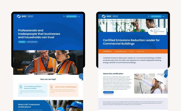 EEC Professional Certifications website featuring Home and Certified Emissions Reduction Leader for Commercial Buildings pages in full colour mockup.