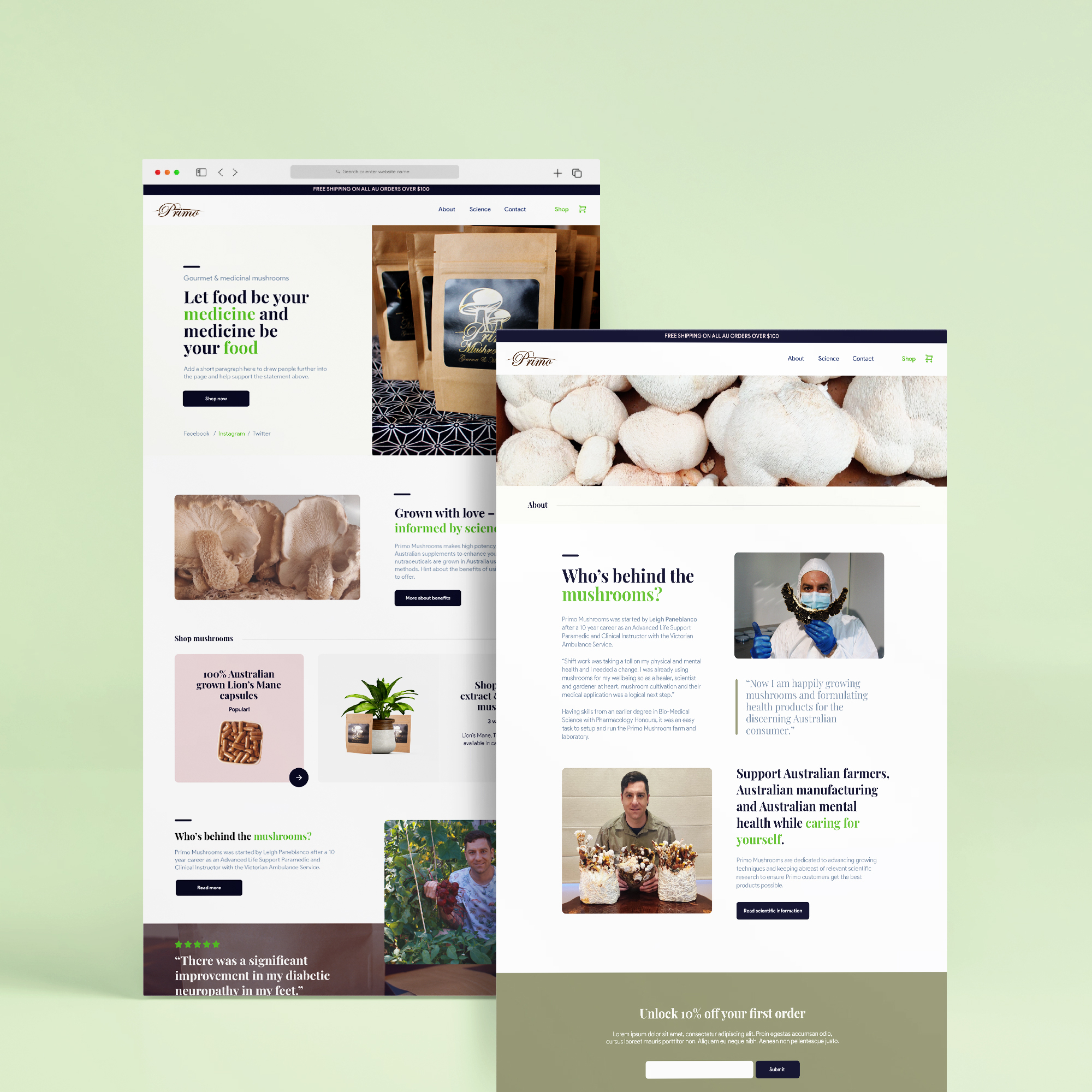 Primo Mushrooms website full colour mockup featuring home about pages