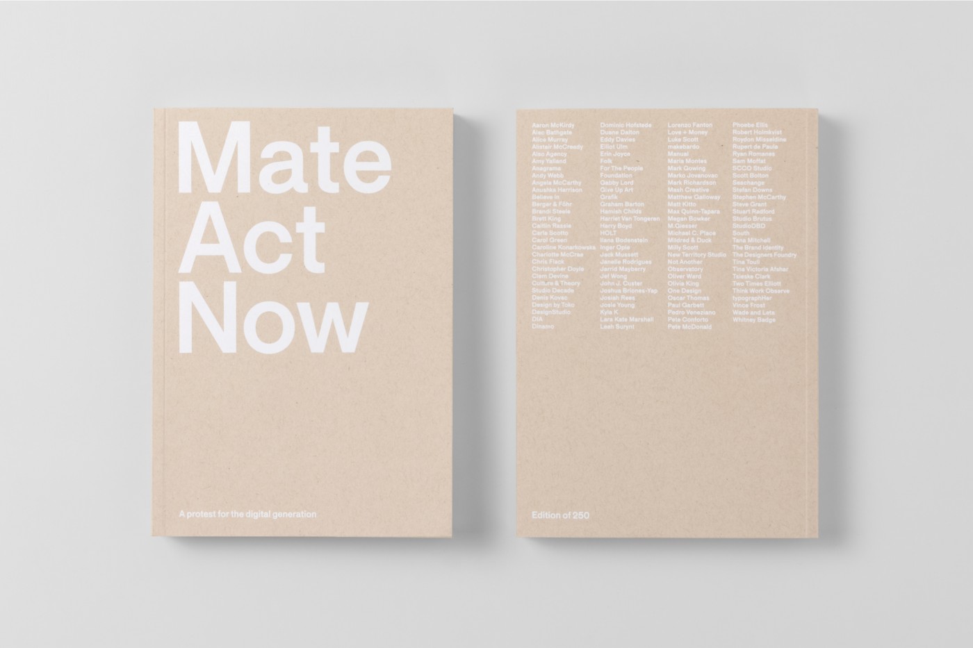 Image is a mockup of the Mate Act Now book cover (front and back) - white text on cream cover.