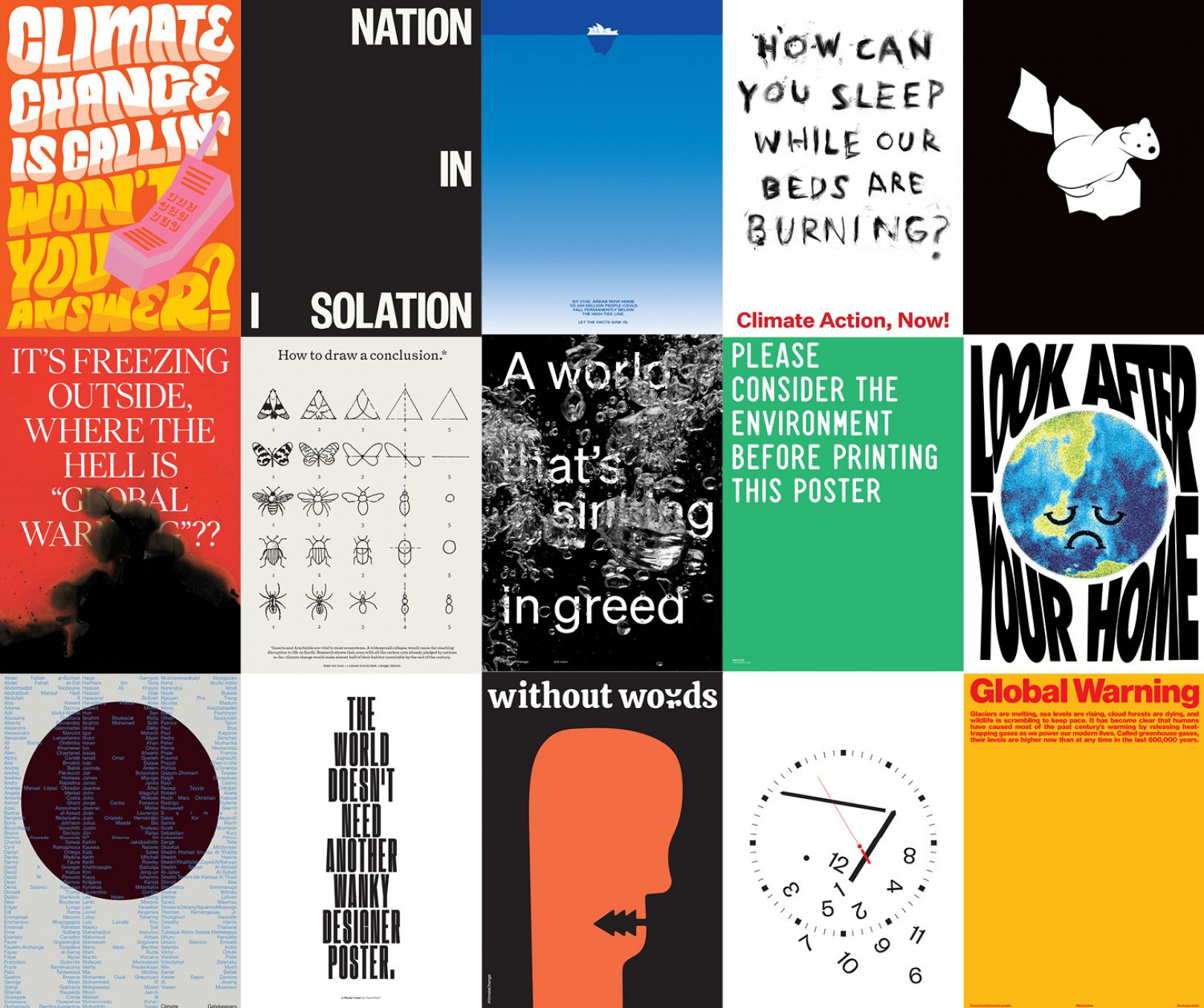 Image of colourful collage of 15 protest protest from the Mate Act Now online gallery. All posters have an impactful message for acting on climate change. 