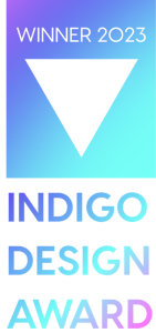 Indigo Design Award 2023 Winner badge in pastel colours of blue, purple, baby blue and pink.