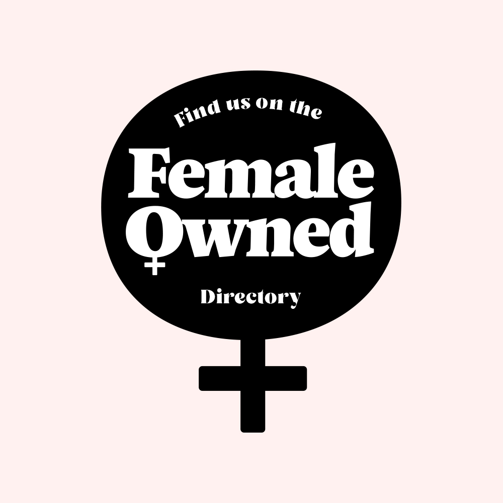 Square black gender symbol for female with white text, 'Find us on Female Owned Directory,' on a light pink background.