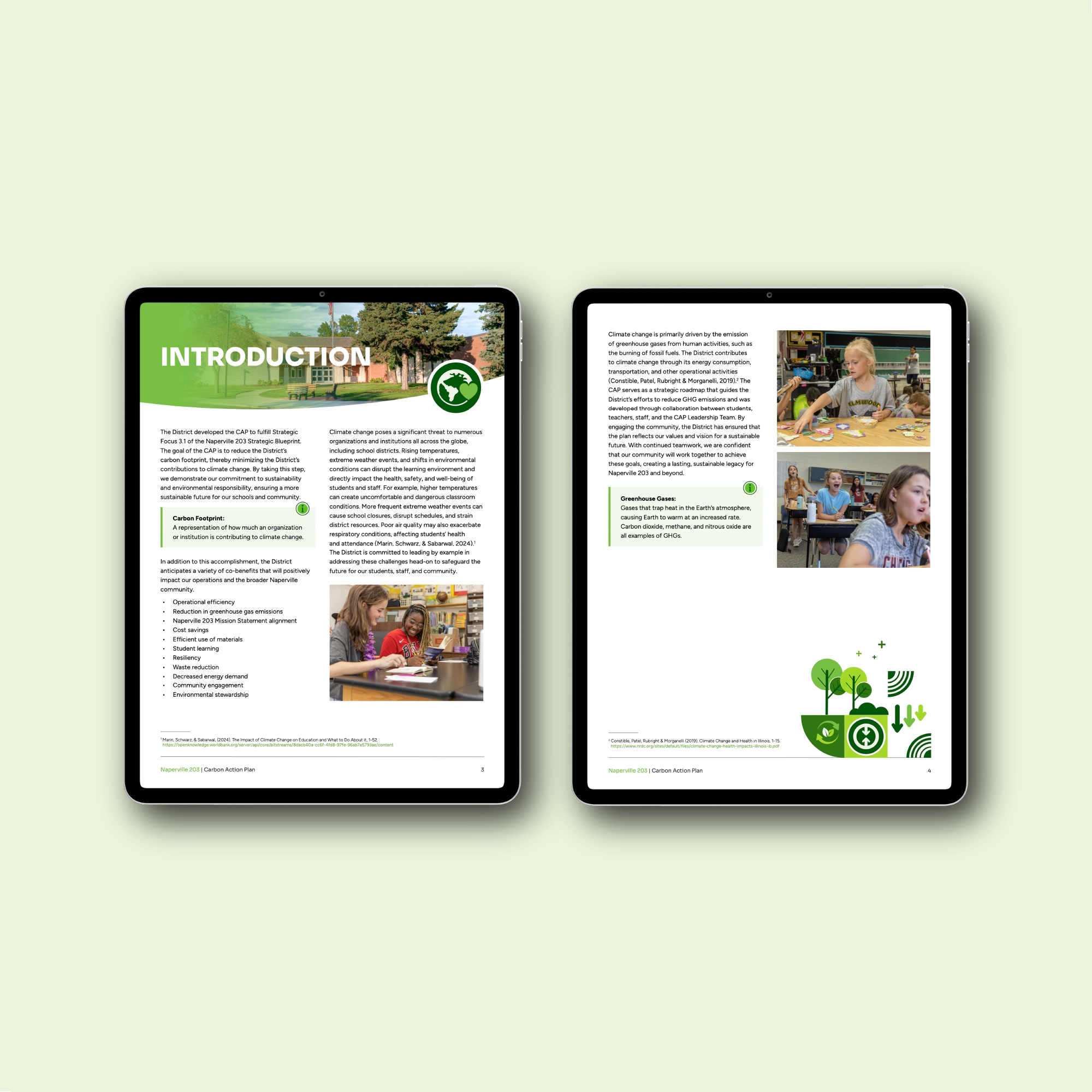 Naperville 2030 Carbon Action Plan 2025 – tablet mockup of a double-page introduction spread featuring school photography and illustrated icons, outlining the district’s climate goals and commitments.