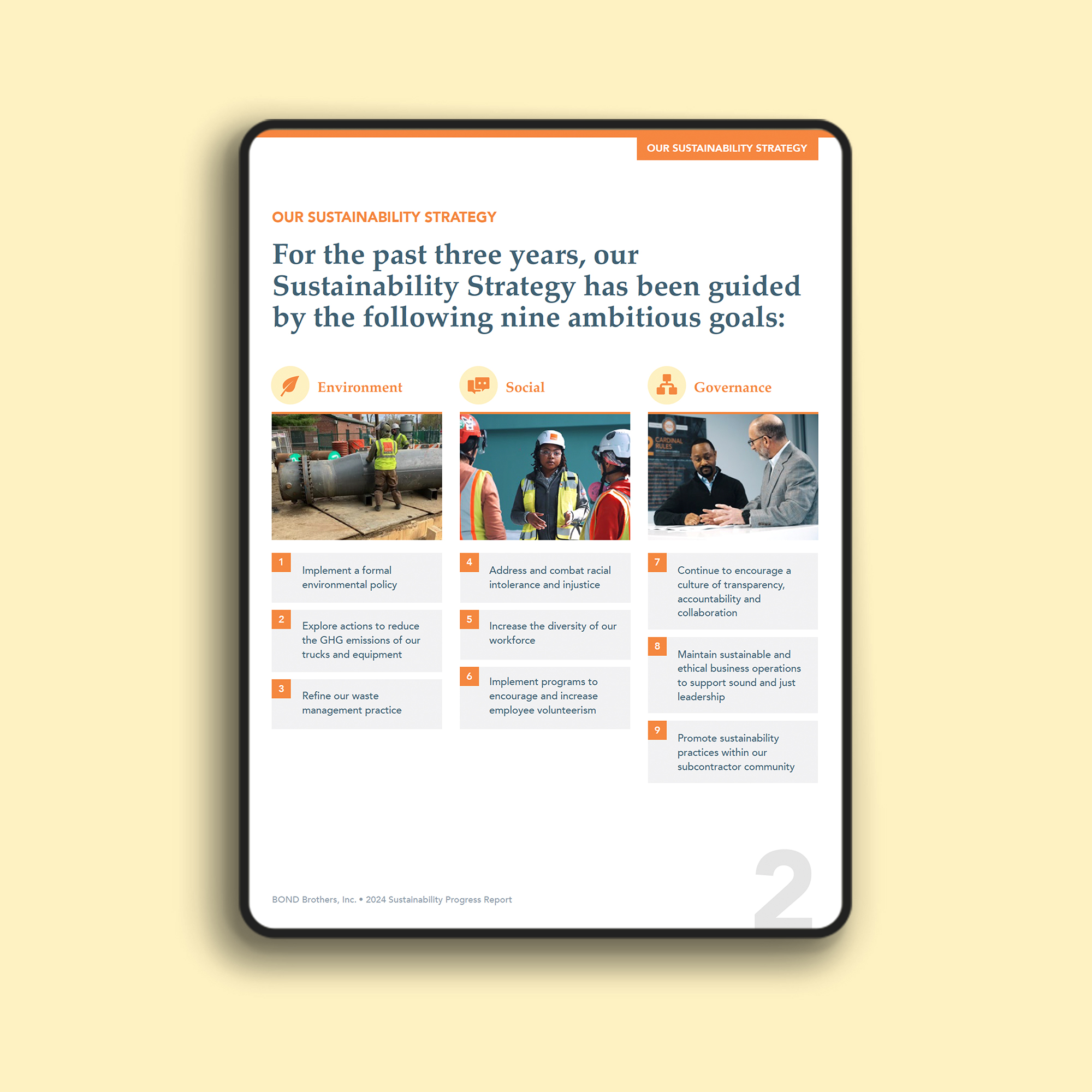 BOND Brothers 2024 Sustainability Progress Report – sustainability strategy overview (ESG goals) on tablet with yellow background, designed by EDCo.